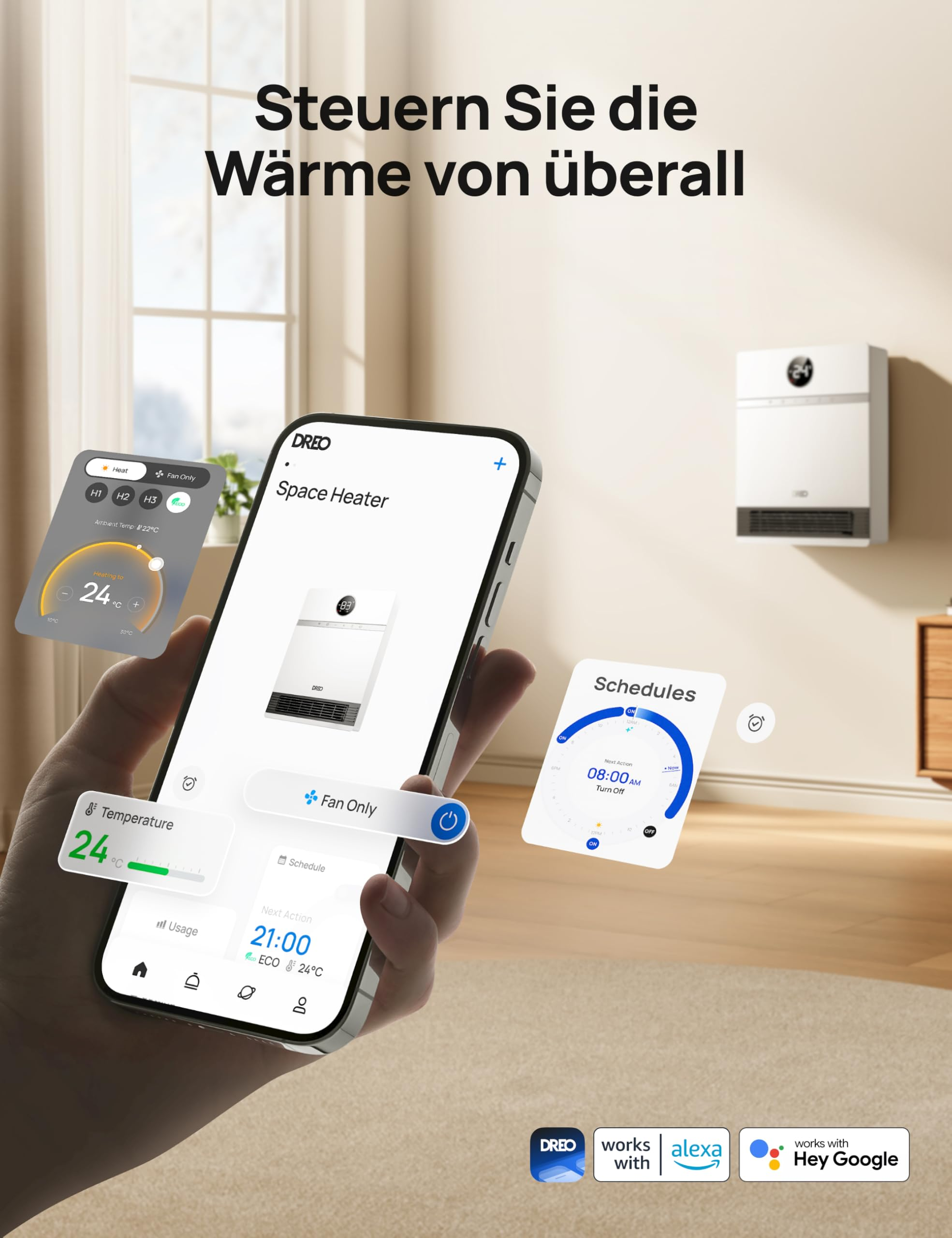 Smartphone mit Space Heater App zur Temperaturregelung in modernem Zimmer.