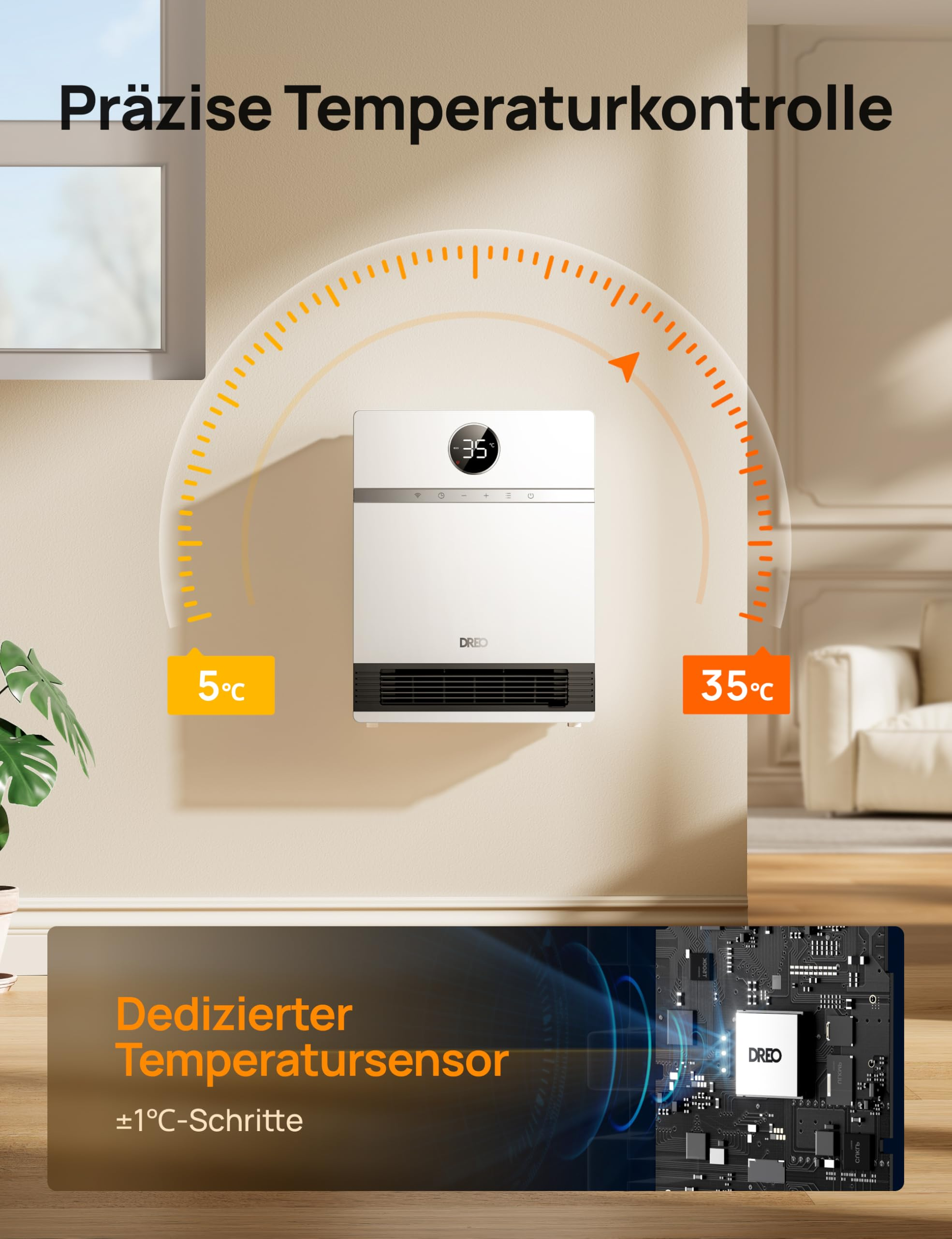 Wandheizgerät mit digitaler Anzeige, Temperaturregelung von 5 bis 35 Grad und integriertem Temperatursensor.