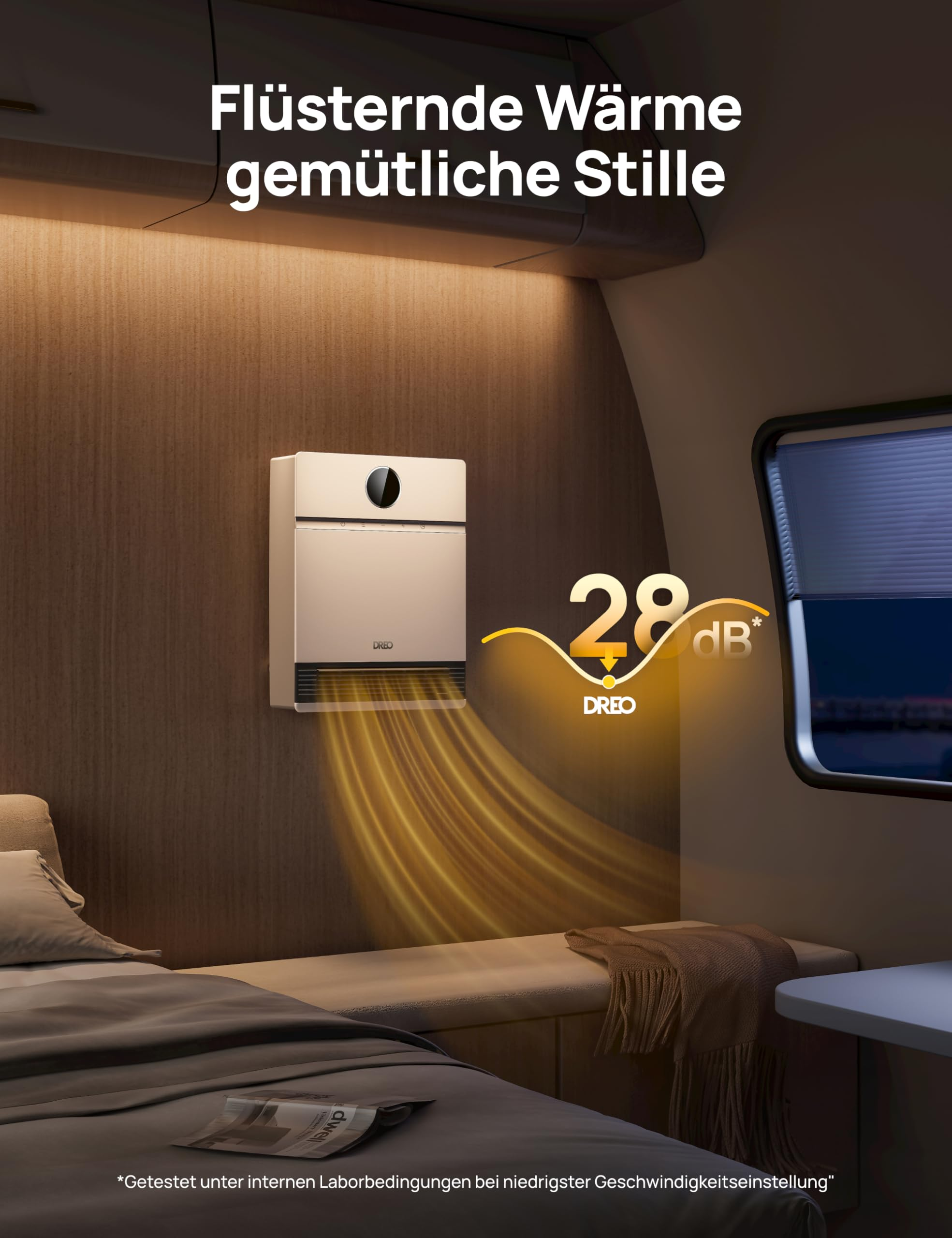 Wandheizer in einem Wohnmobil strahlt warme Luft aus, neben einem Bett.