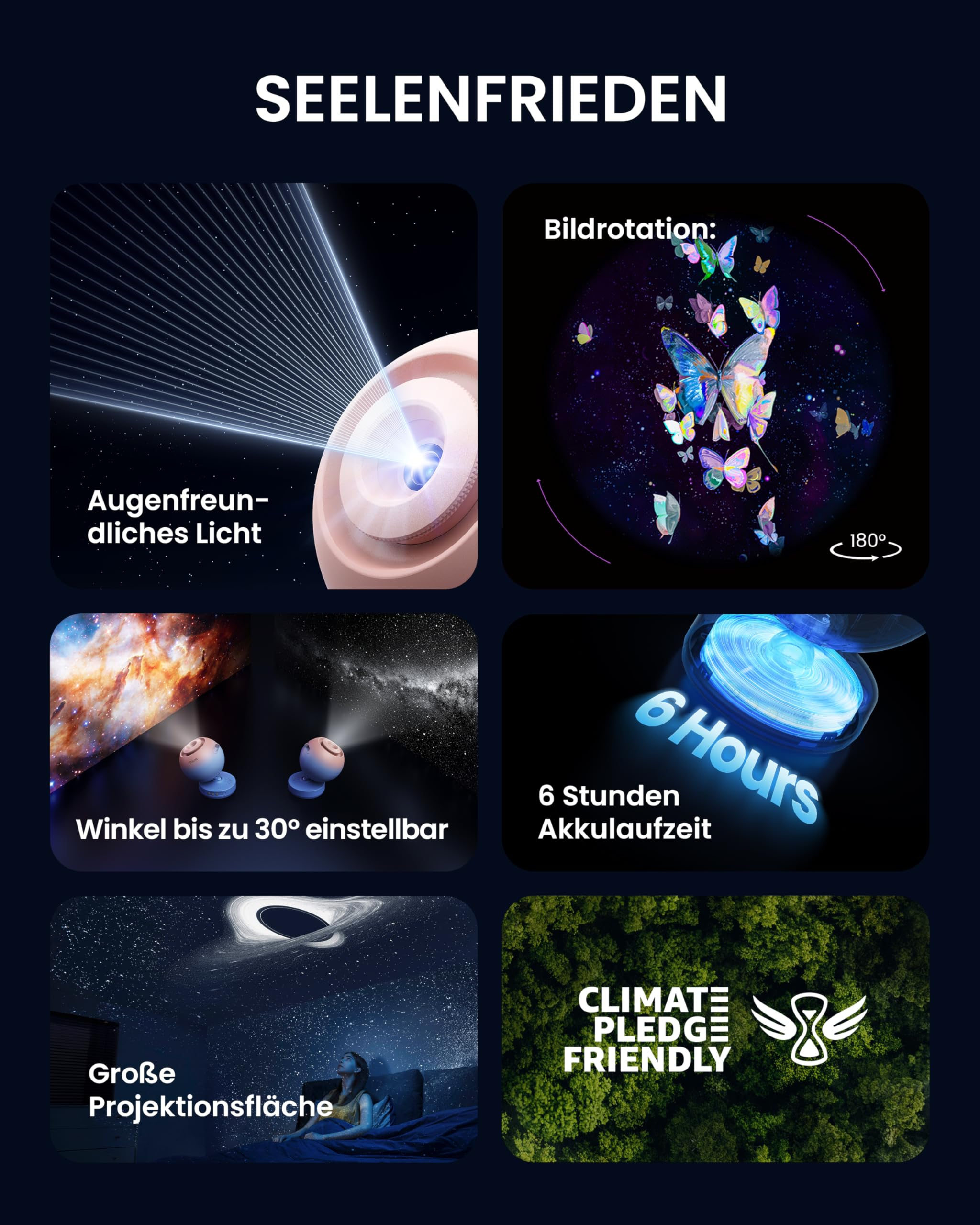 Produktmerkmale des Seelenfrieden Projektors mit Licht, Rotation, Winkeln, Akkulaufzeit und großer Projektion.