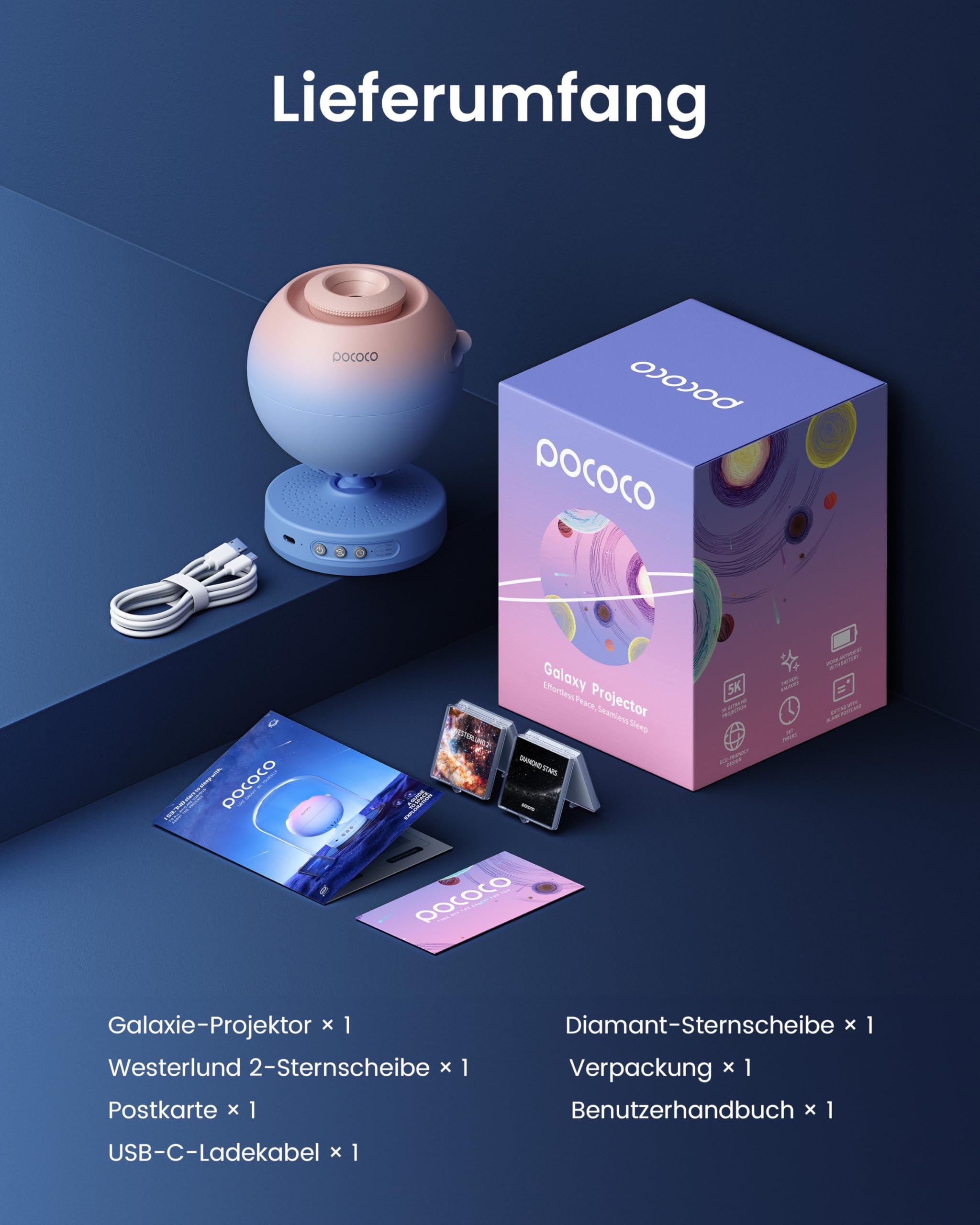 Pococo Galaxie-Projektor, Verpackung, USB-C-Kabel, zwei Sternscheiben, Handbuch und Postkarte auf blauem Hintergrund.