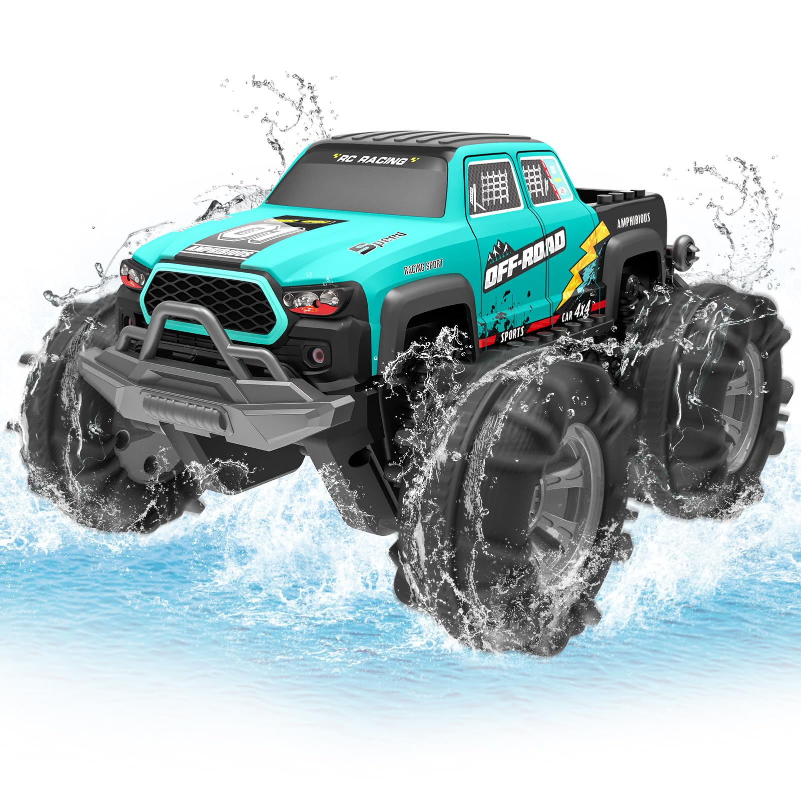Un camion monstre amphibie RC bleu avec de grandes roues éclaboussant l'eau.