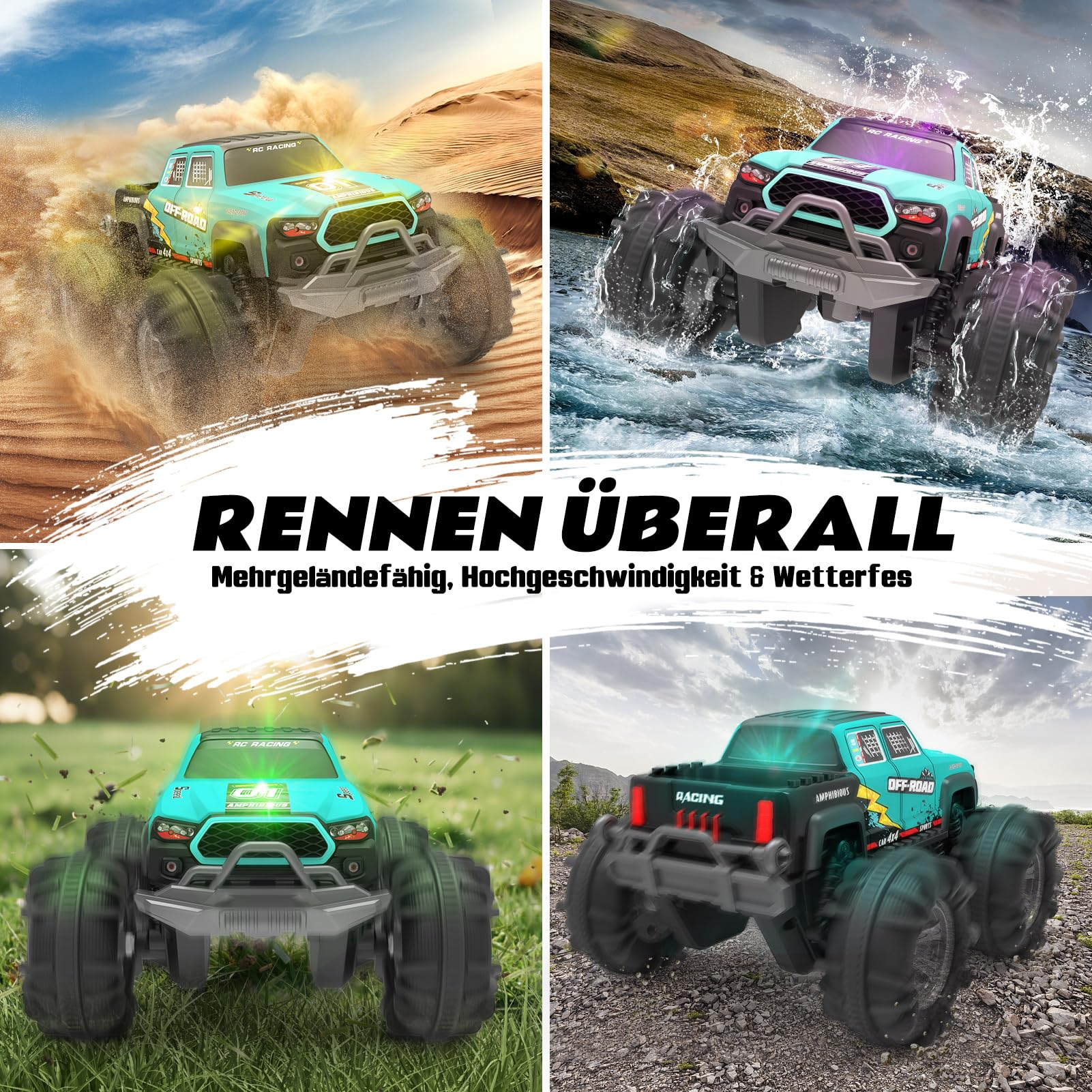 Une voiture RC amphibie bleue roule dans le sable, l'eau, l'herbe et le gravier.
