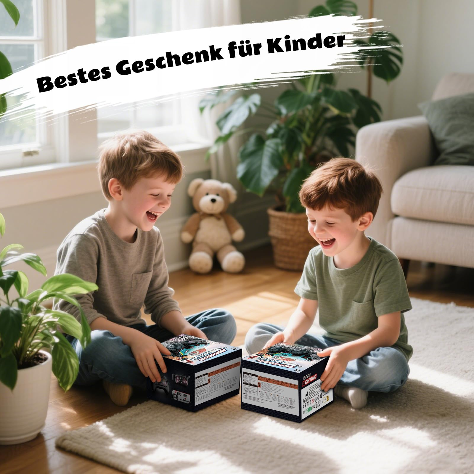 Deux garçons heureux assis sur un tapis ouvrent des cadeaux, avec un ours en peluche.