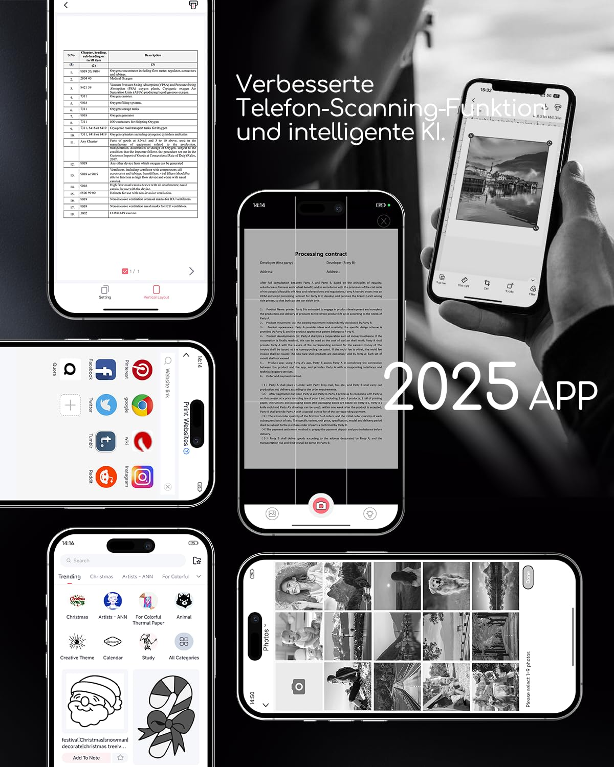 Mehrere Smartphones zeigen App-Funktionen für Scannen, Dokumentenverarbeitung und Fotoauswahl.