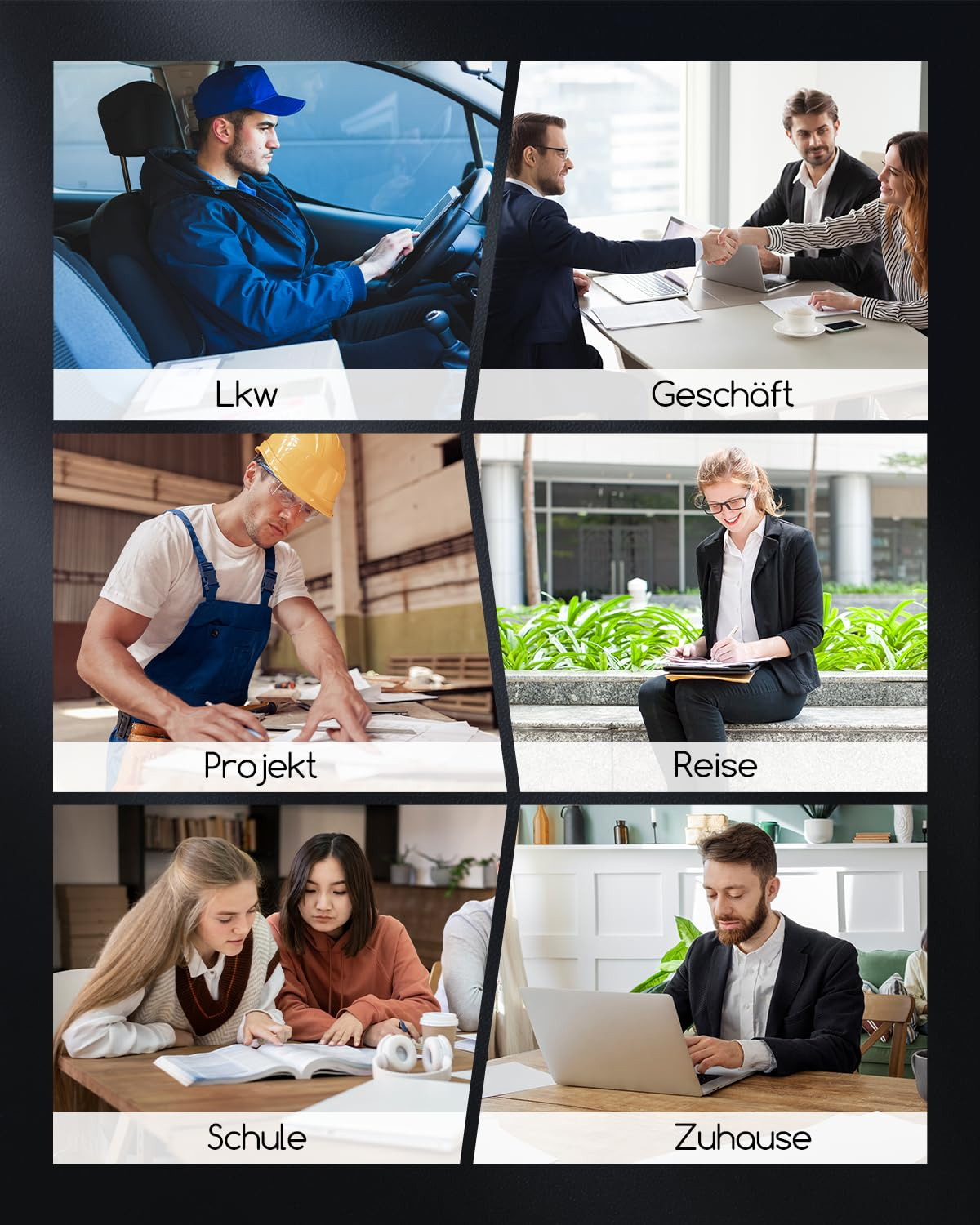 Collage aus sechs Bildern, die Menschen bei verschiedenen Tätigkeiten wie Lieferung, Geschäft und Bauwesen zeigen.