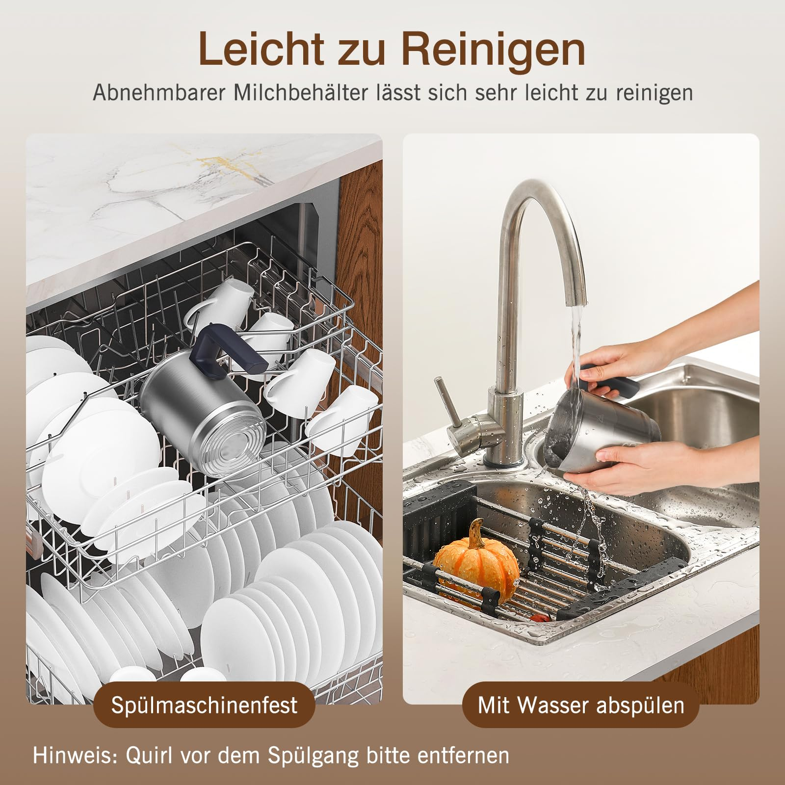 Récipient à lait facile à nettoyer au lave-vaisselle ou en le rinçant sous l'eau.