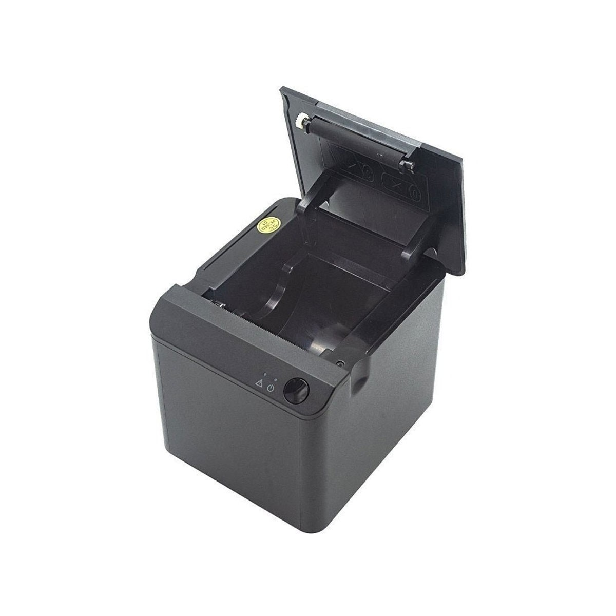 Ein schwarzer Thermodrucker mit offenem Deckel auf weißem Hintergrund.