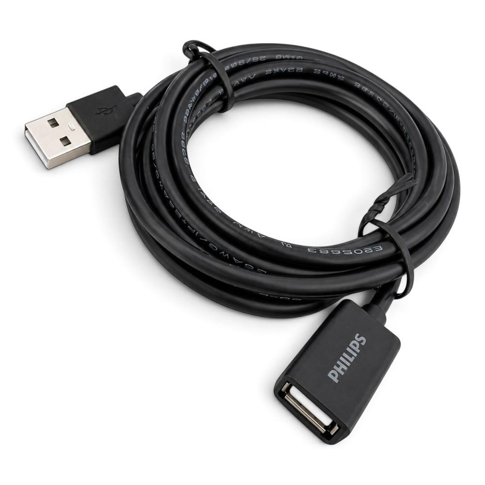 Beyaz arka planda sarılmış siyah Philips USB uzatma kablosu.