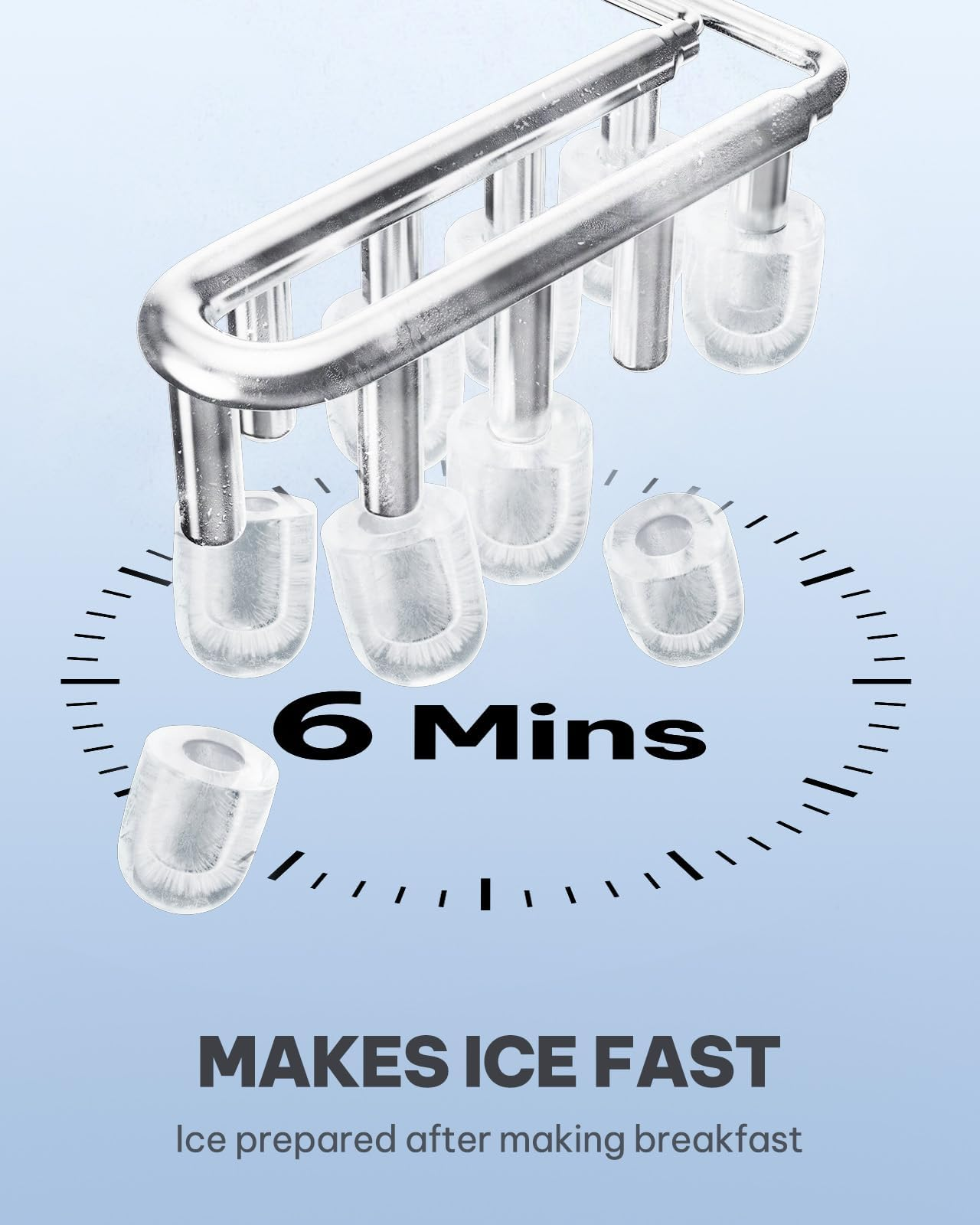 Eisbereiter-Kühlstäbe bilden patronenförmige Eiswürfel über einer Uhrgrafik.