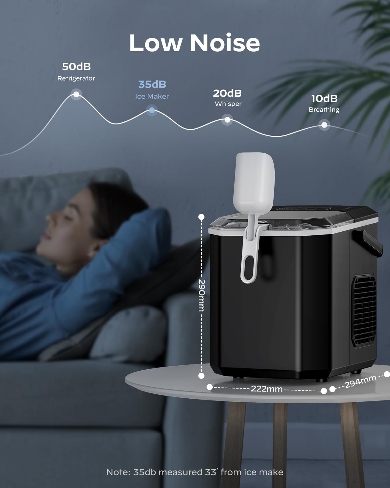 Eisbereiter auf einem Tisch mit Maßen und Lärmpegel-Diagramm im Hintergrund.