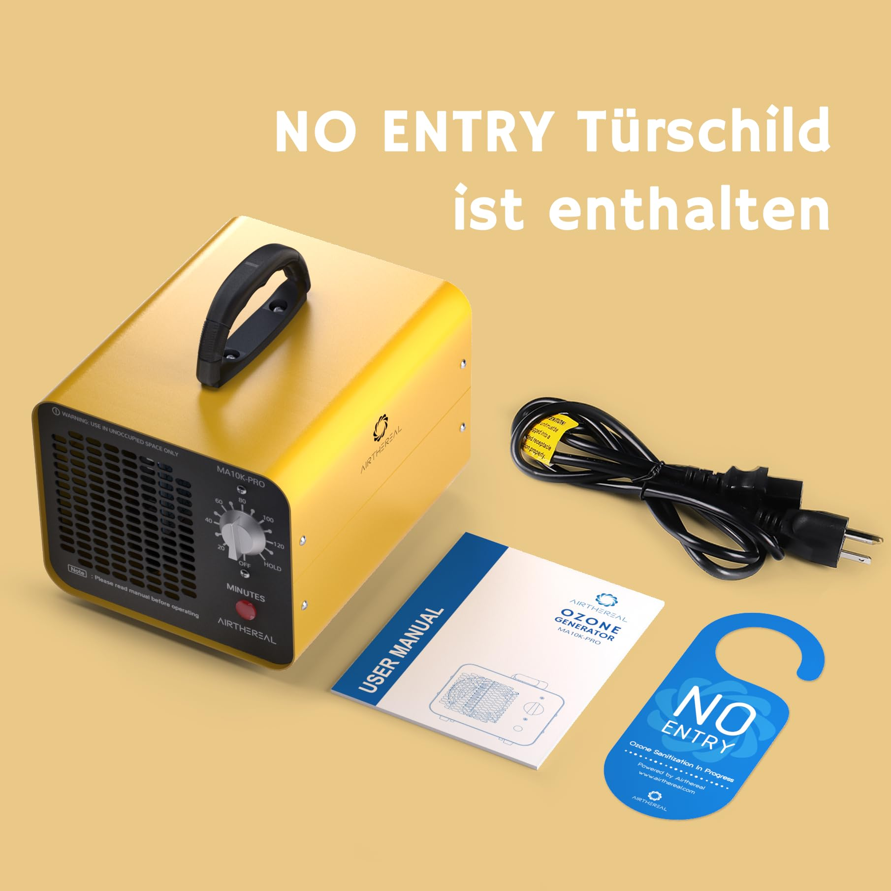 Ein gelber Ozongenerator, ein schwarzes Netzkabel, ein Benutzerhandbuch und ein blaues Türschild vor gelbem Hintergrund.
