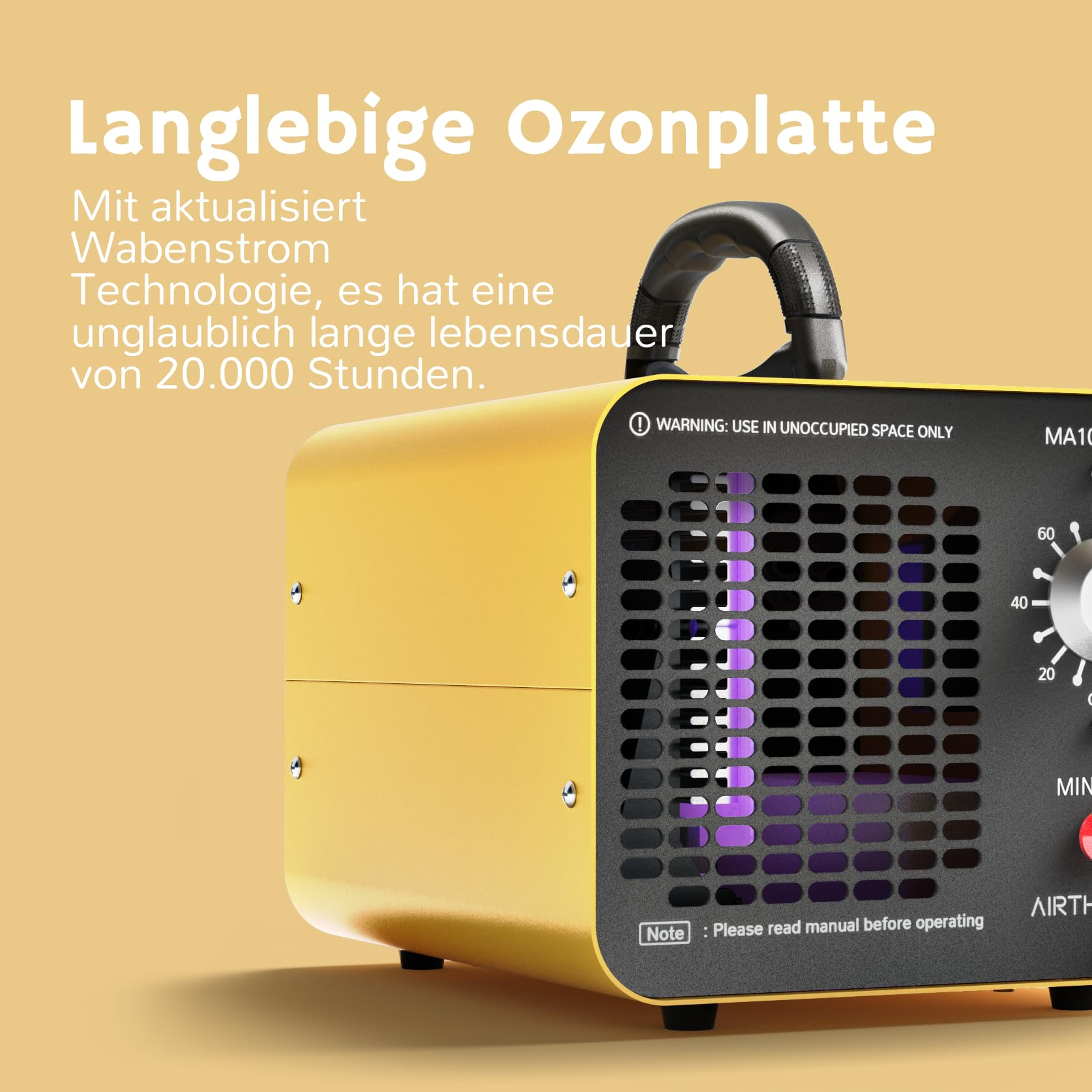 Ein gelber Ozongenerator mit schwarzem Griff vor gelbem Hintergrund mit deutschem Text.