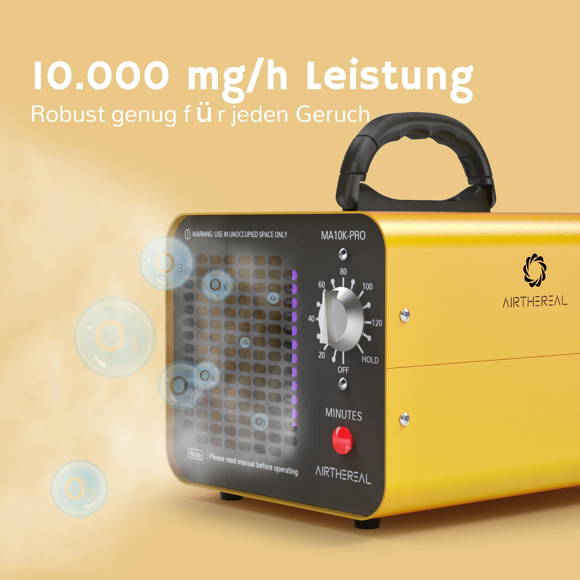 Ein gelber Airthereal Ozongenerator stößt Nebel und O3-Blasen auf beige Hintergrund mit deutschem Text aus.