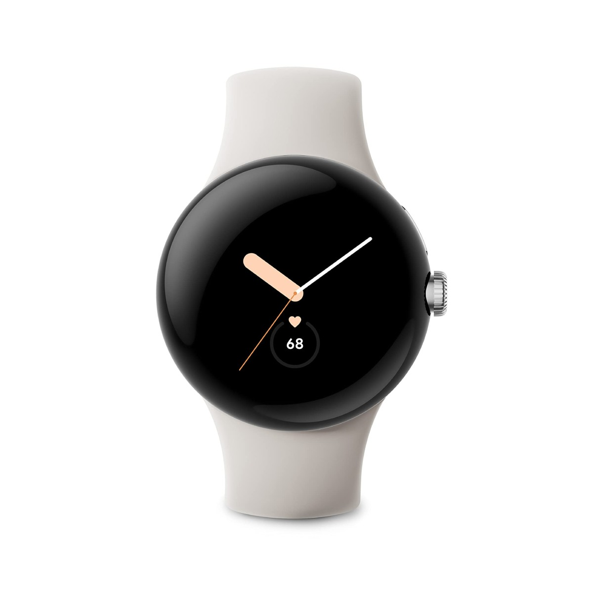 Eine runde Smartwatch mit beigem Armband zeigt die Uhrzeit und eine Herzfrequenz von 68 an.