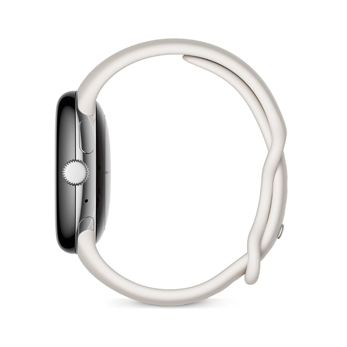 Seitenansicht einer silbernen Smartwatch mit weißem Armband auf weißem Hintergrund.