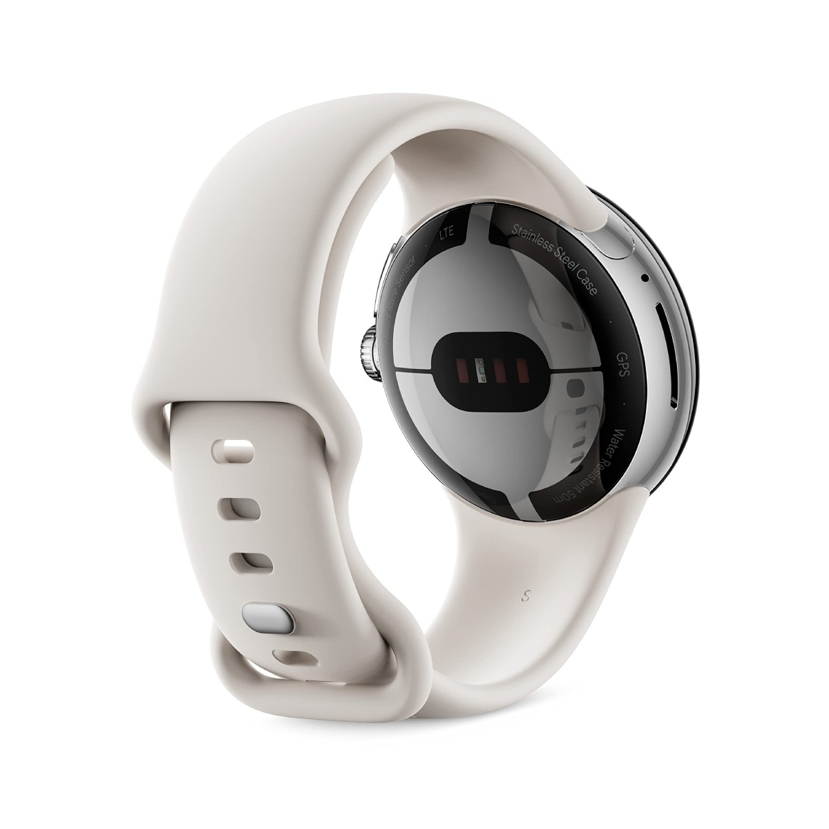 Rückseite einer silbernen Smartwatch mit beigem Silikonarmband auf weißem Hintergrund.