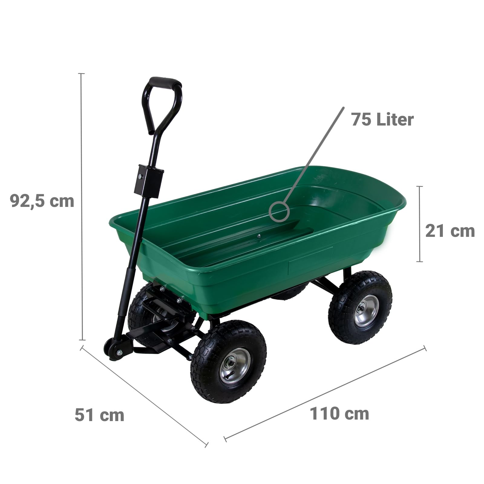 Grüner Bollerwagen mit Maßen 110x51x92,5 cm, 75 Liter Volumen.