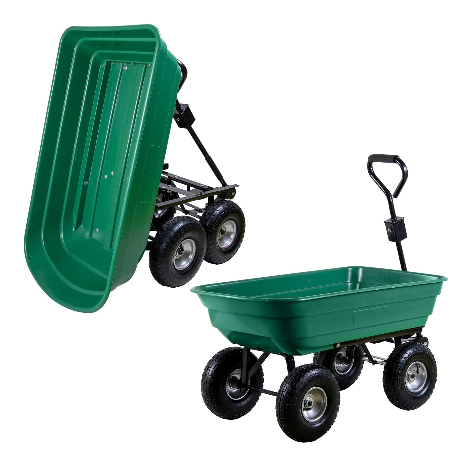 Grüner Gartenwagen mit vier Rädern und Griff, links gekippt und rechts auf dem Boden stehend.