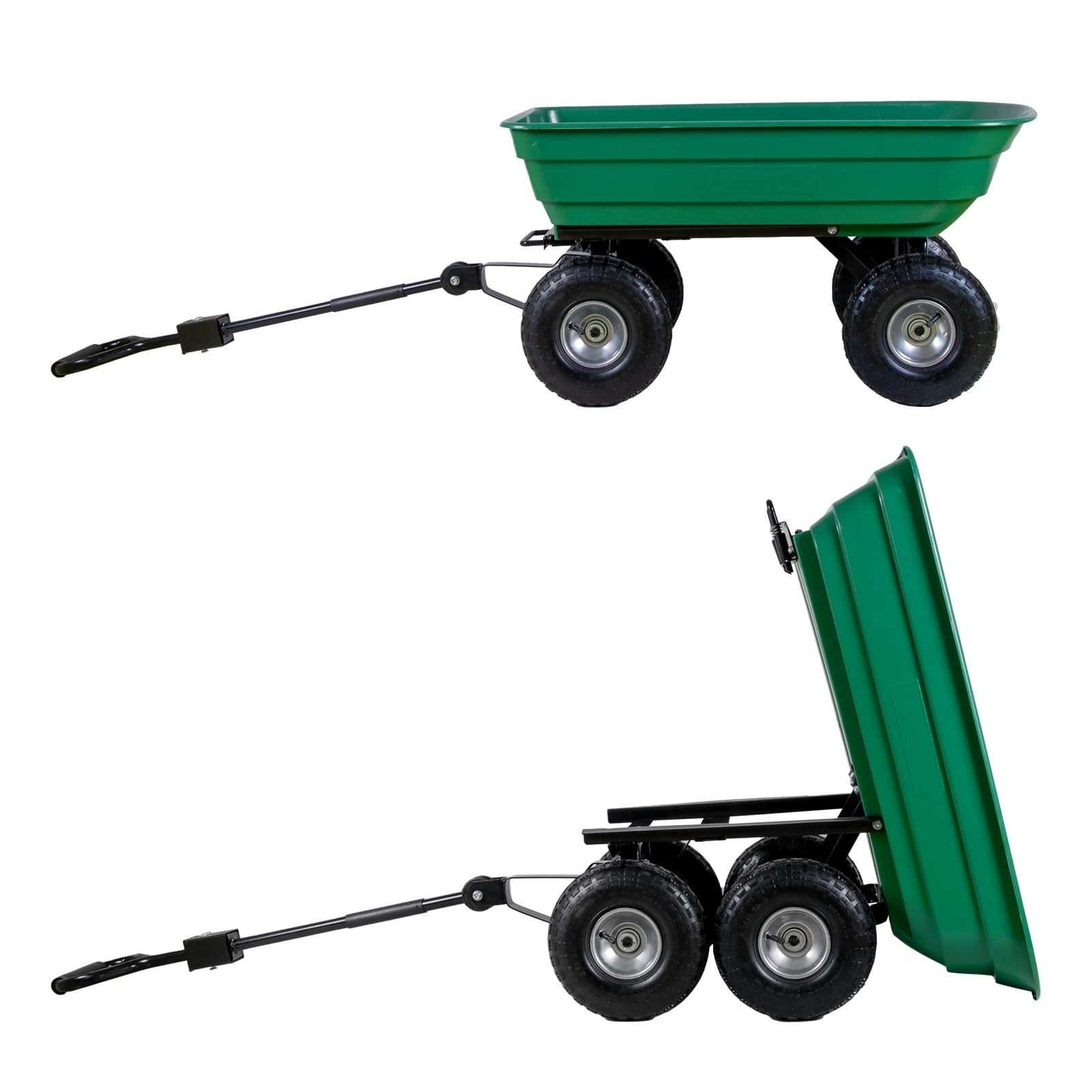 Grüner Gartenwagen mit vier Rädern und langer Deichsel, einmal normal und einmal gekippt.