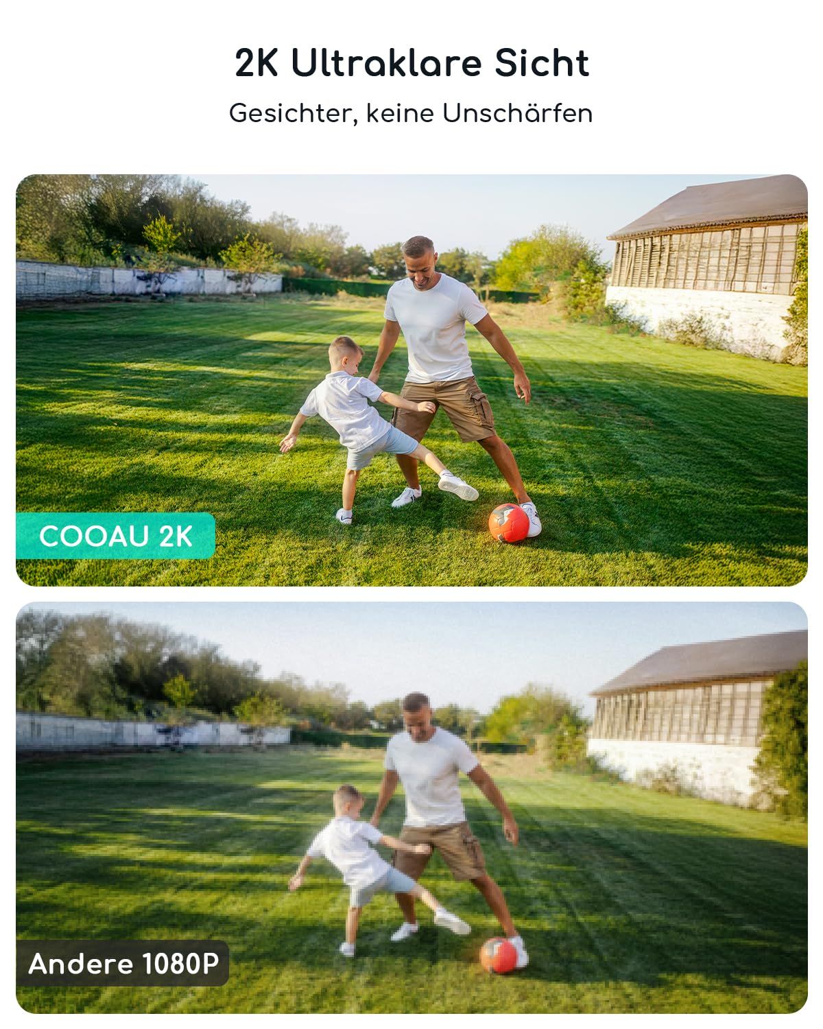 Vergleichsbild: Vater und Sohn spielen Fußball im Garten, oben scharf mit 2K, unten verpixelt mit 1080P.