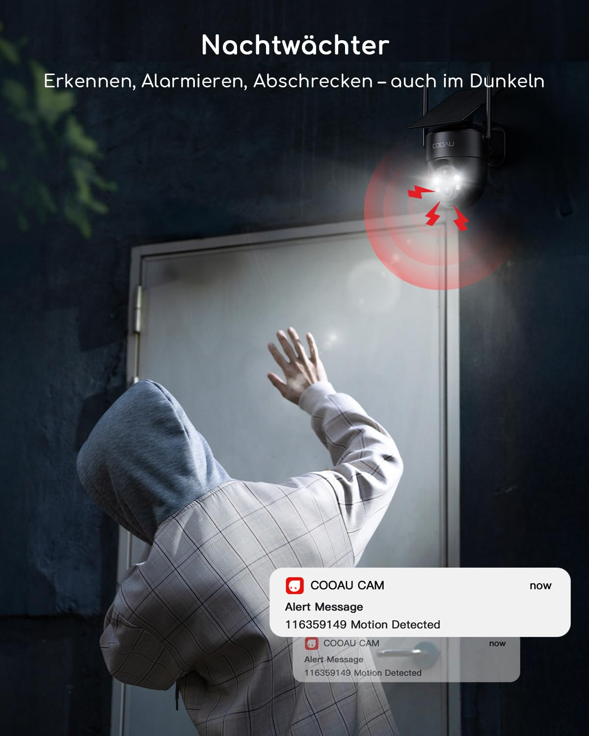 Eine Überwachungskamera erkennt Bewegung an einer Tür, blinkt rot und sendet eine Smartphone-Warnung.