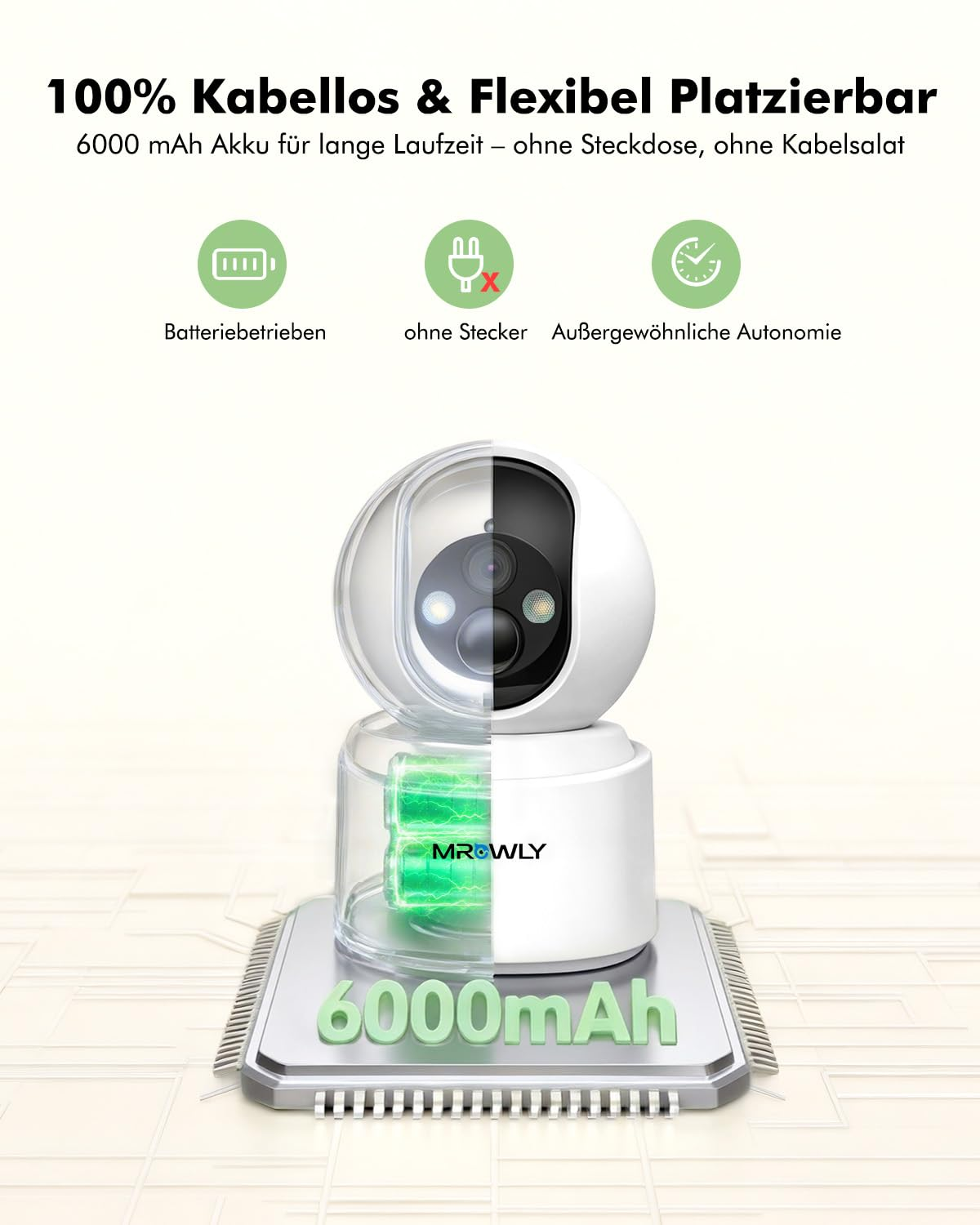Una telecamera di sicurezza wireless bianca su un microchip con batteria da 6000mAh.
