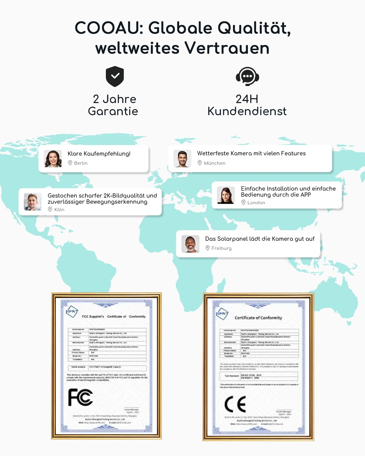 Weltkarte mit Kundenbewertungen, Garantiesymbolen und zwei Zertifikaten im unteren Bereich.