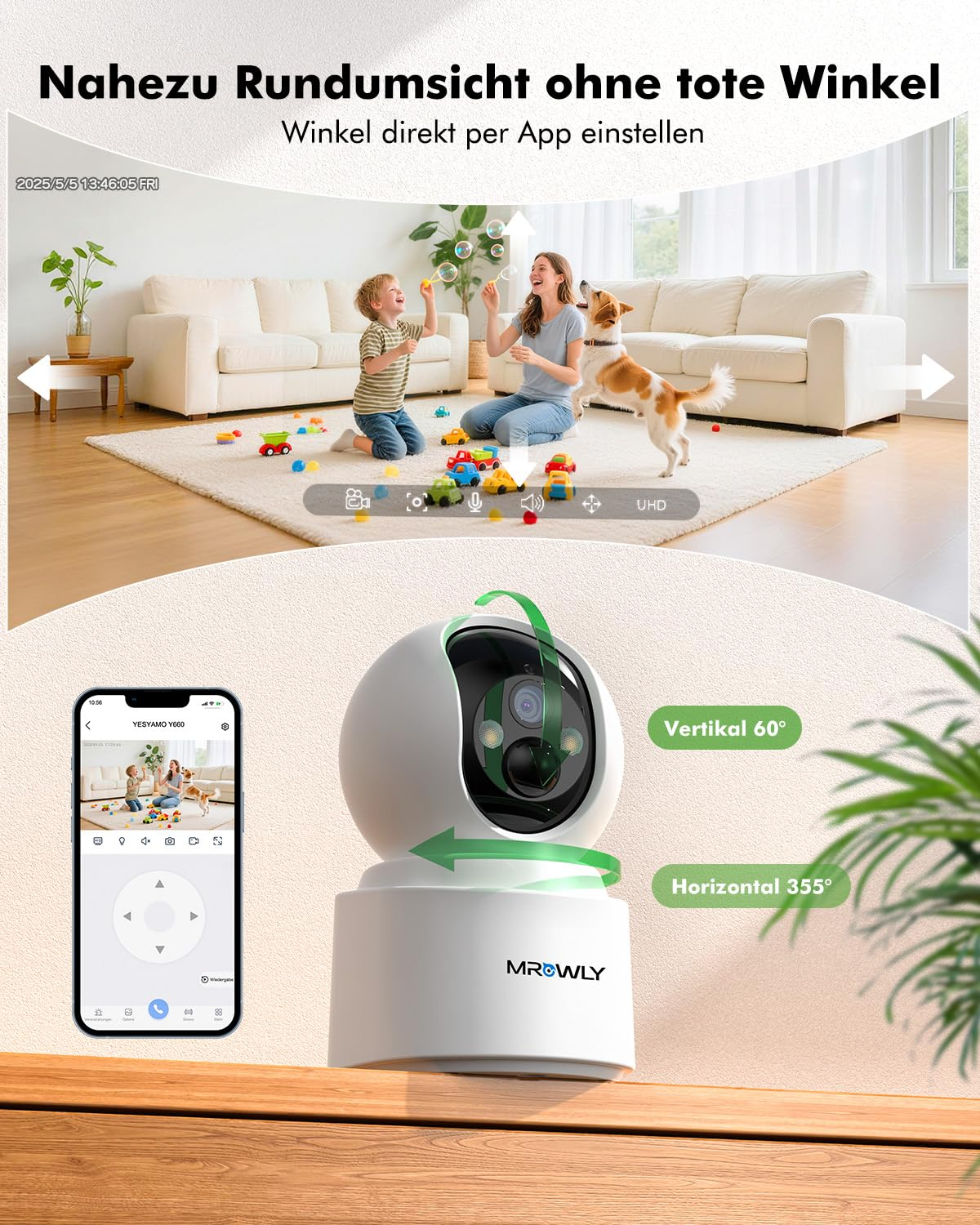 Telecamera di sicurezza con rotazione orizzontale a 355 gradi e verticale a 60 gradi in una stanza con famiglia.