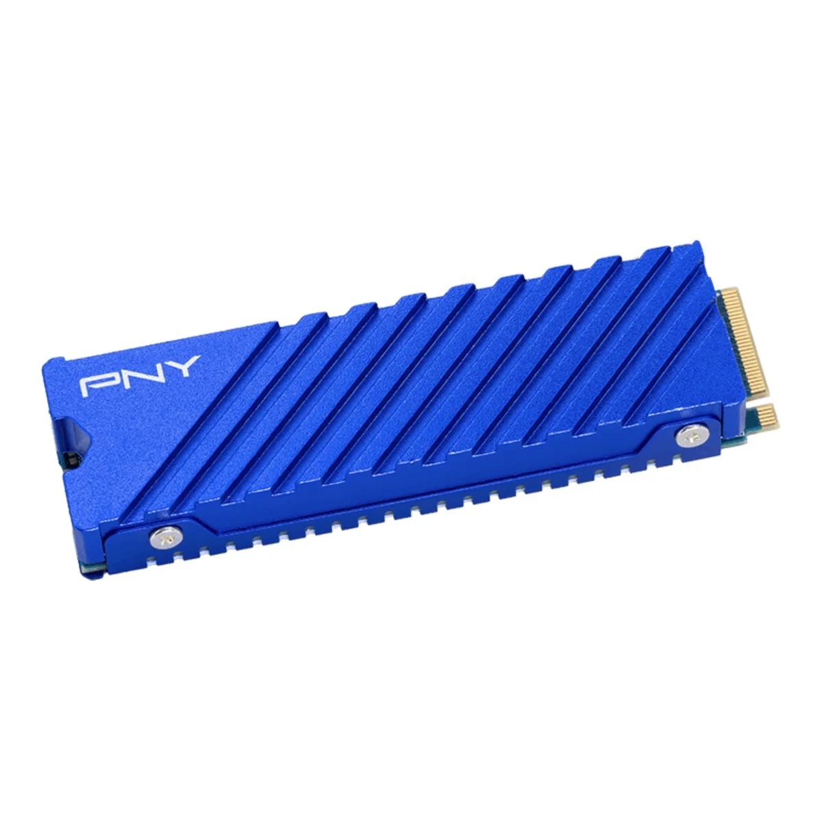 Ein blauer PNY M.2 NVMe SSD-Kühlkörper mit gerippter Oberfläche.