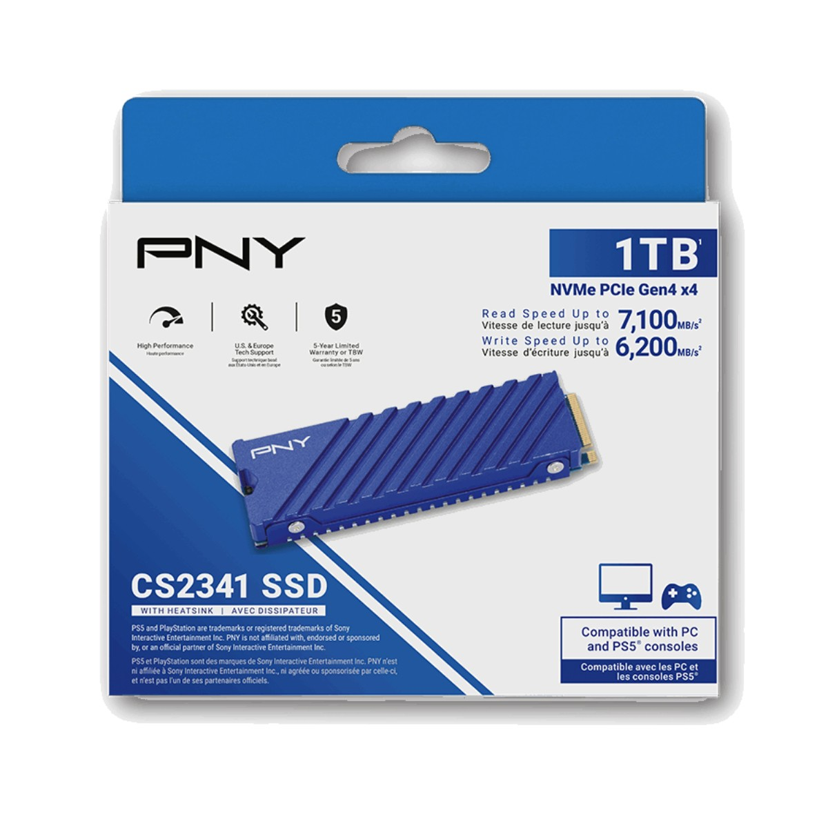 PNY 1TB CS2341 NVMe SSD Verpackung mit blauem Kühlkörper, technischen Daten und PC/PS5-Symbolen.