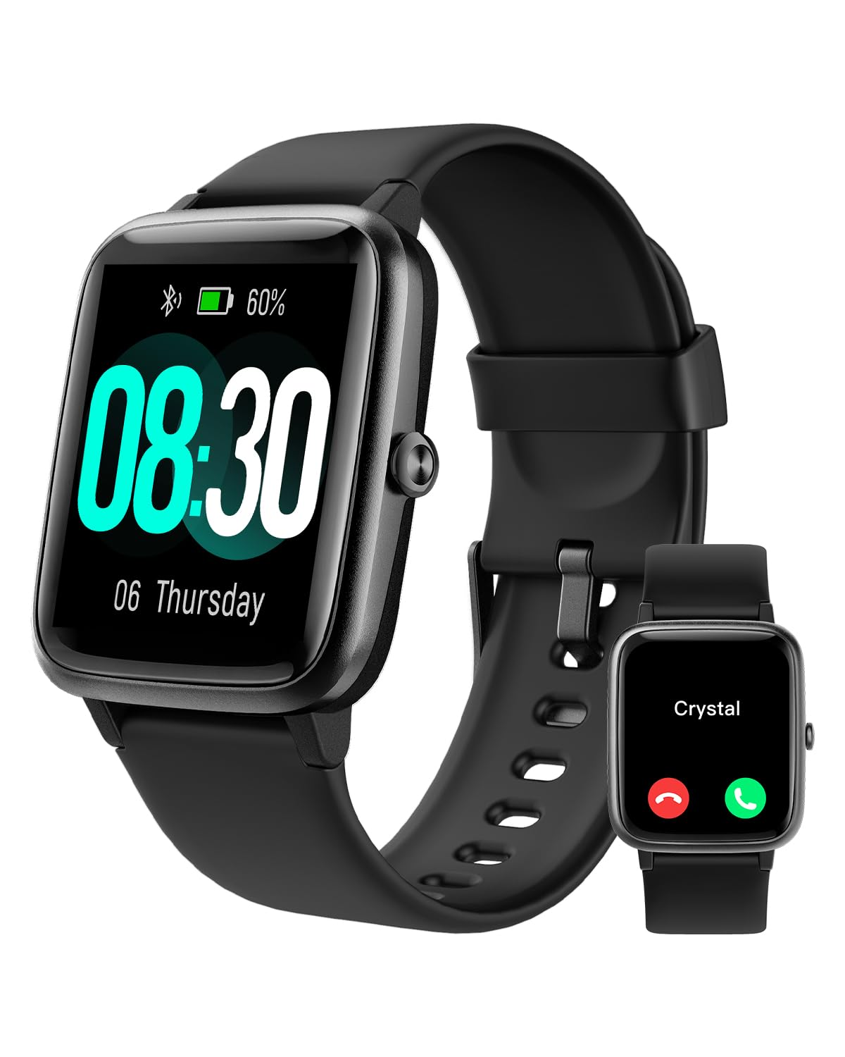 Schwarze Smartwatch mit eckigem Display zeigt 08:30 Uhr an; eine kleinere Ansicht zeigt einen Anruf.