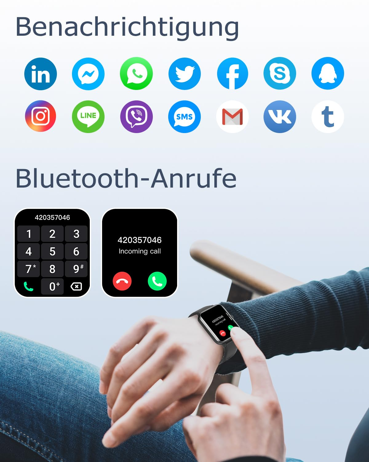 Smartwatch mit Bluetooth-Anruf- und Benachrichtigungsfunktionen mit App-Symbolen.