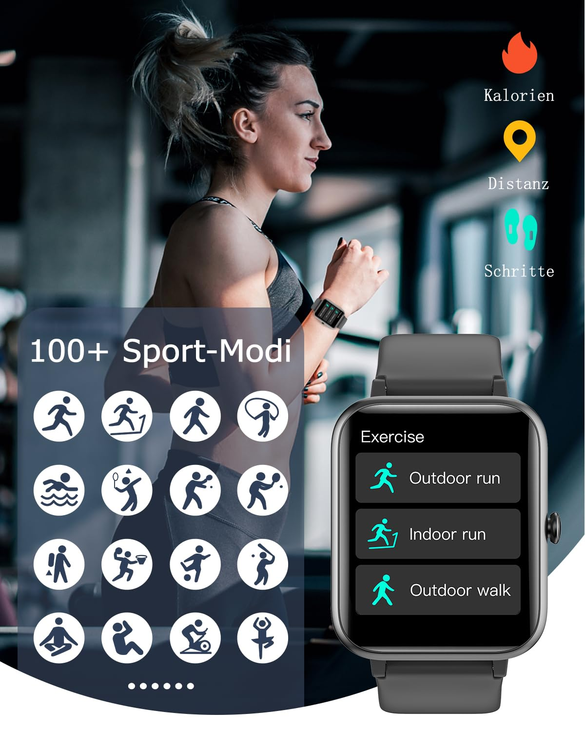 Fitnessuhr mit Sportmodi und Smartwatch-Funktionen, getragen von einer Frau im Fitnessstudio.