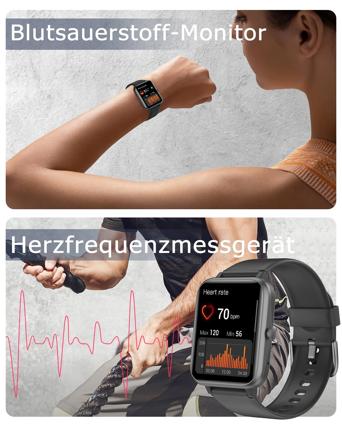 Smartwatch zeigt Blutsauerstoff und Herzfrequenz bei sportlichen Aktivitäten an.