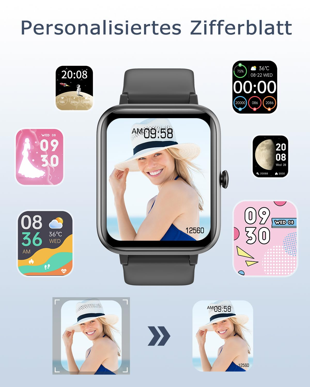 Eine Smartwatch zeigt das Foto einer lächelnden Frau in Sommerkleidung als personalisiertes Zifferblatt.