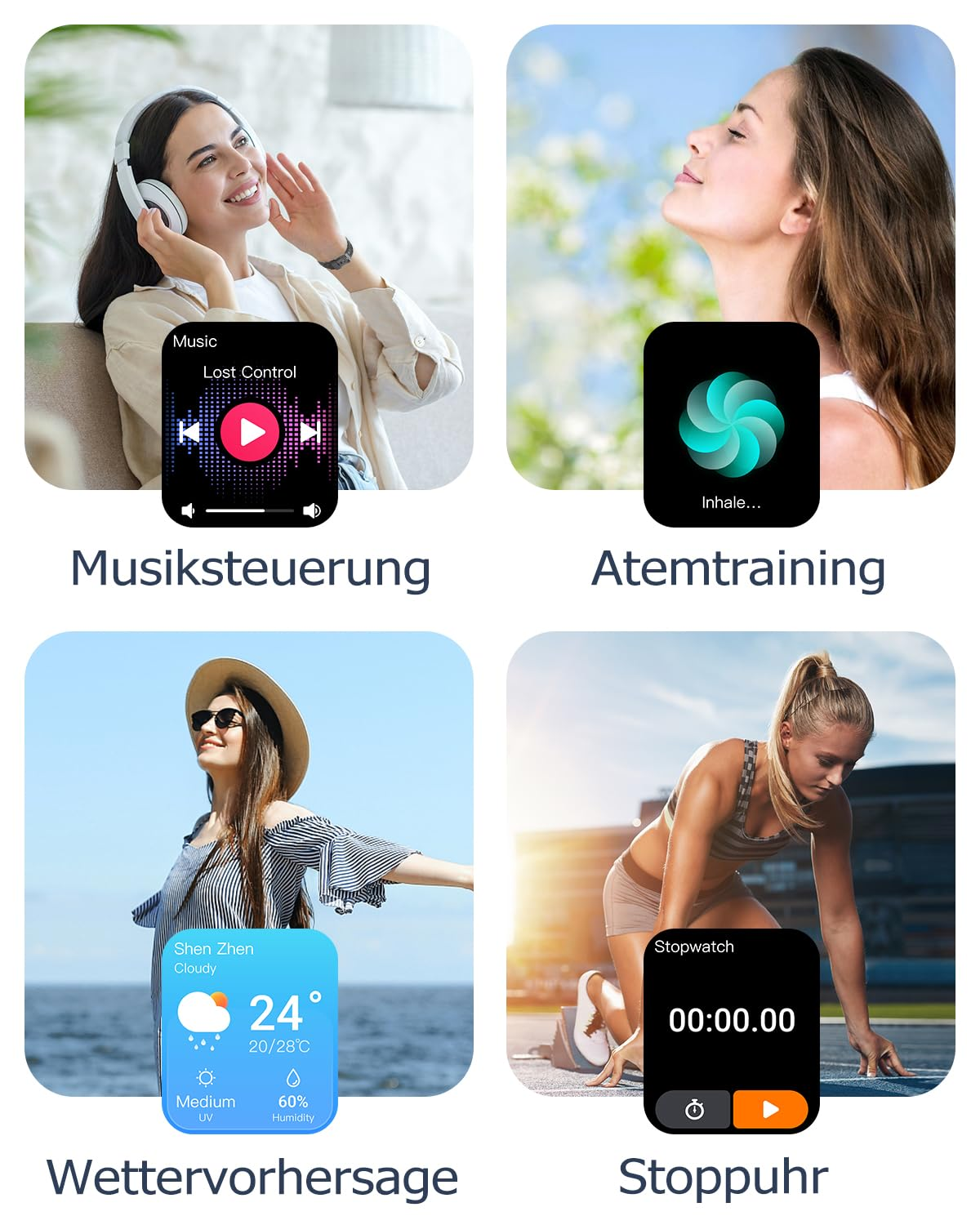 Vier Smartwatch-Funktionen mit Personen: Musiksteuerung, Atemtraining, Wetter und Stoppuhr.
