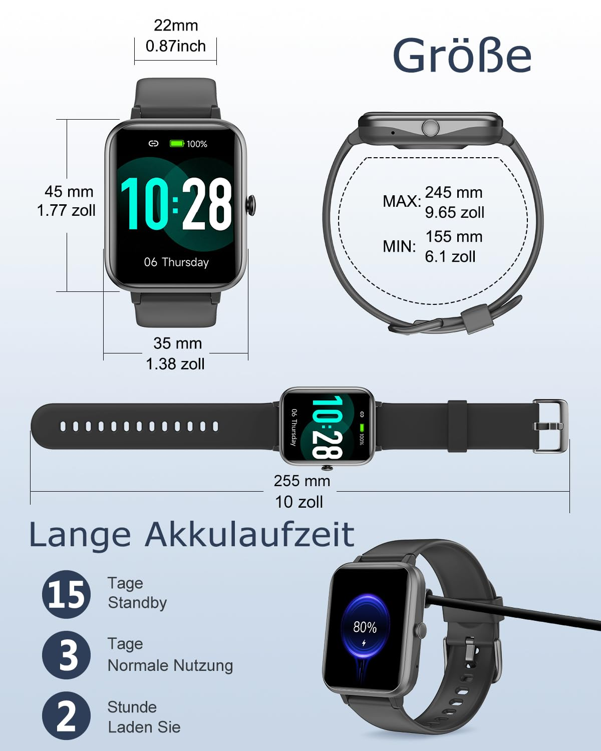 Smartwatch mit Abmessungen, Akkulaufzeit von 15 Standby-Tagen und Ladeansicht.