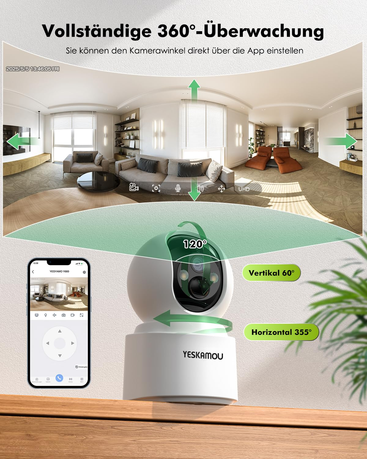 Telecamera di sicurezza Yeskamou con vista a 360 gradi, controllo app e soggiorno sullo sfondo.
