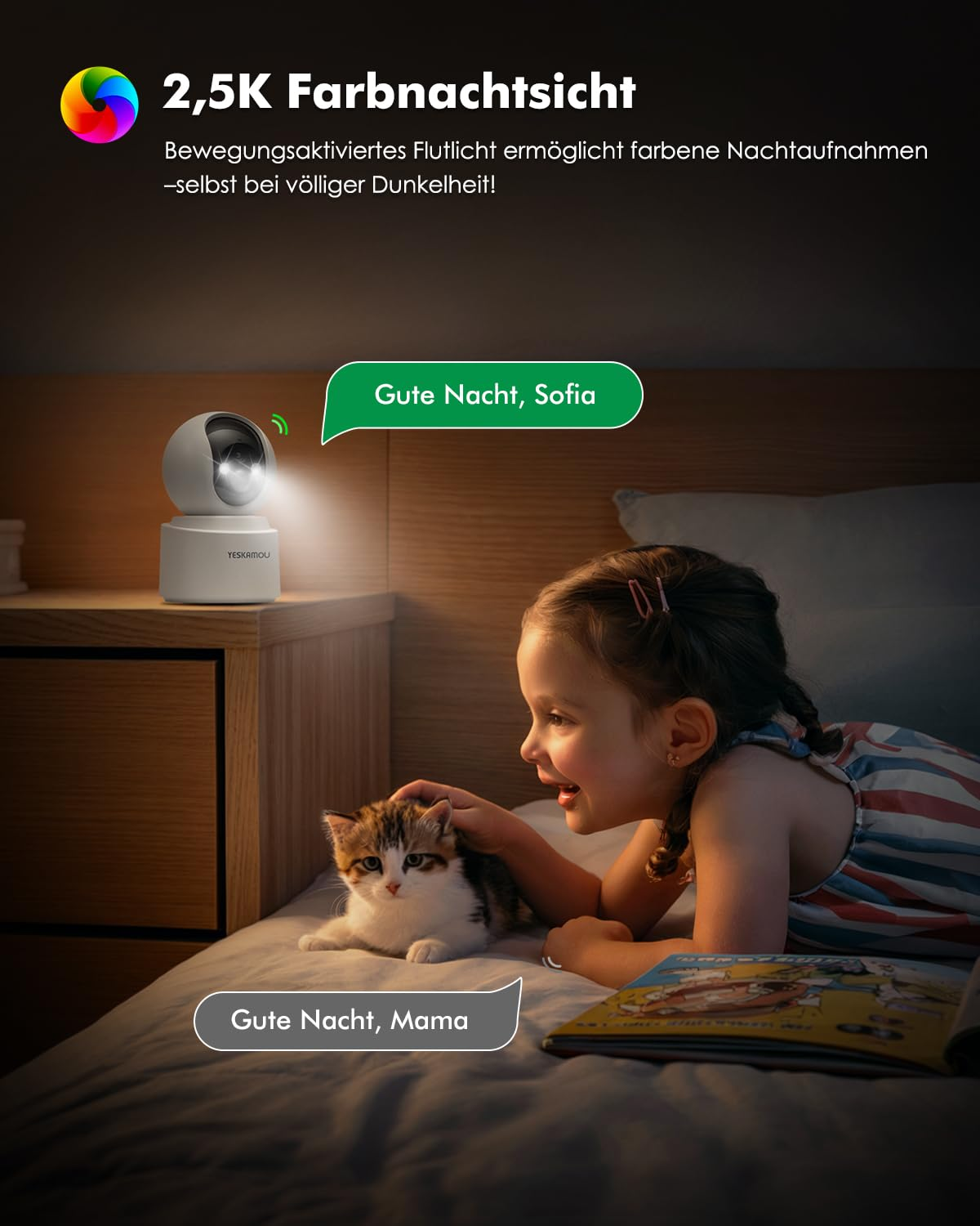 Una bambina accarezza un gatto sul letto vicino a una telecamera.