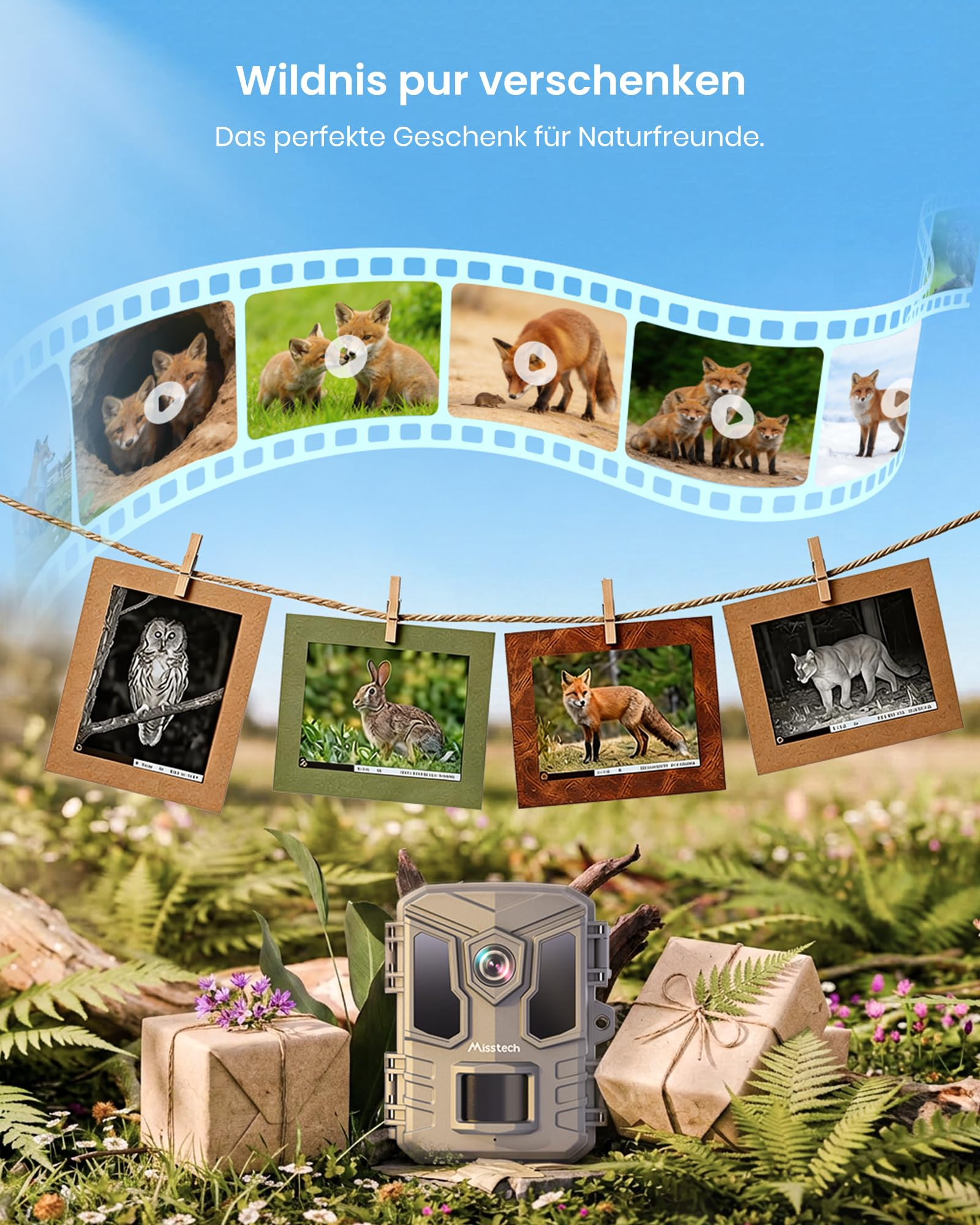 Wildkamera mit Geschenkboxen und aufgerollter Filmstreife mit Fotos von Wildtieren vor Waldhintergrund.