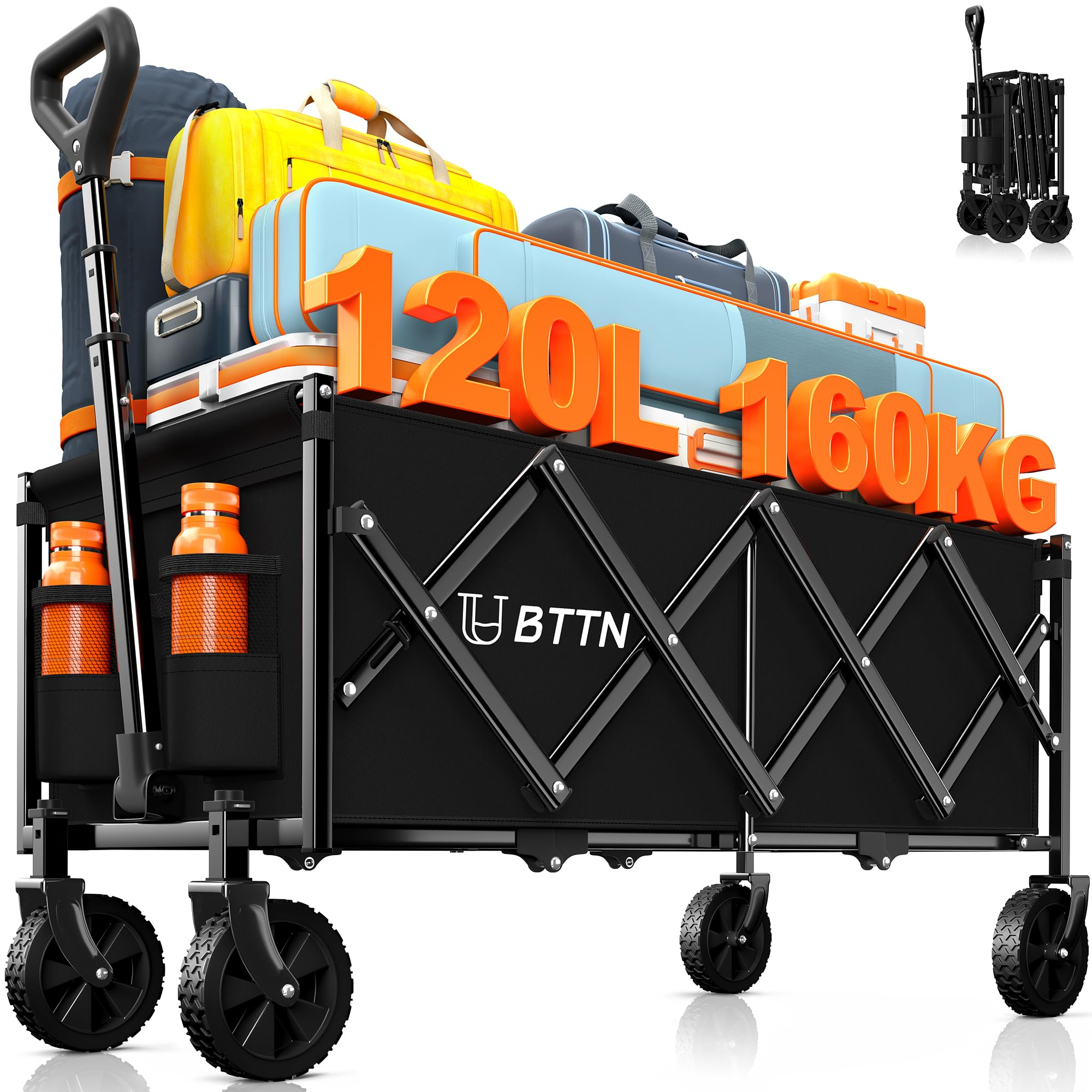 Un chariot pliant noir chargé de bagages et de bouteilles, avec une capacité de 120L et une charge de 160KG.