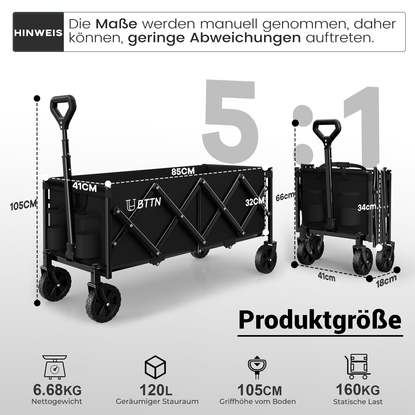 Dessin technique d'un chariot utilitaire noir avec des dimensions pour les états ouverts et pliés.