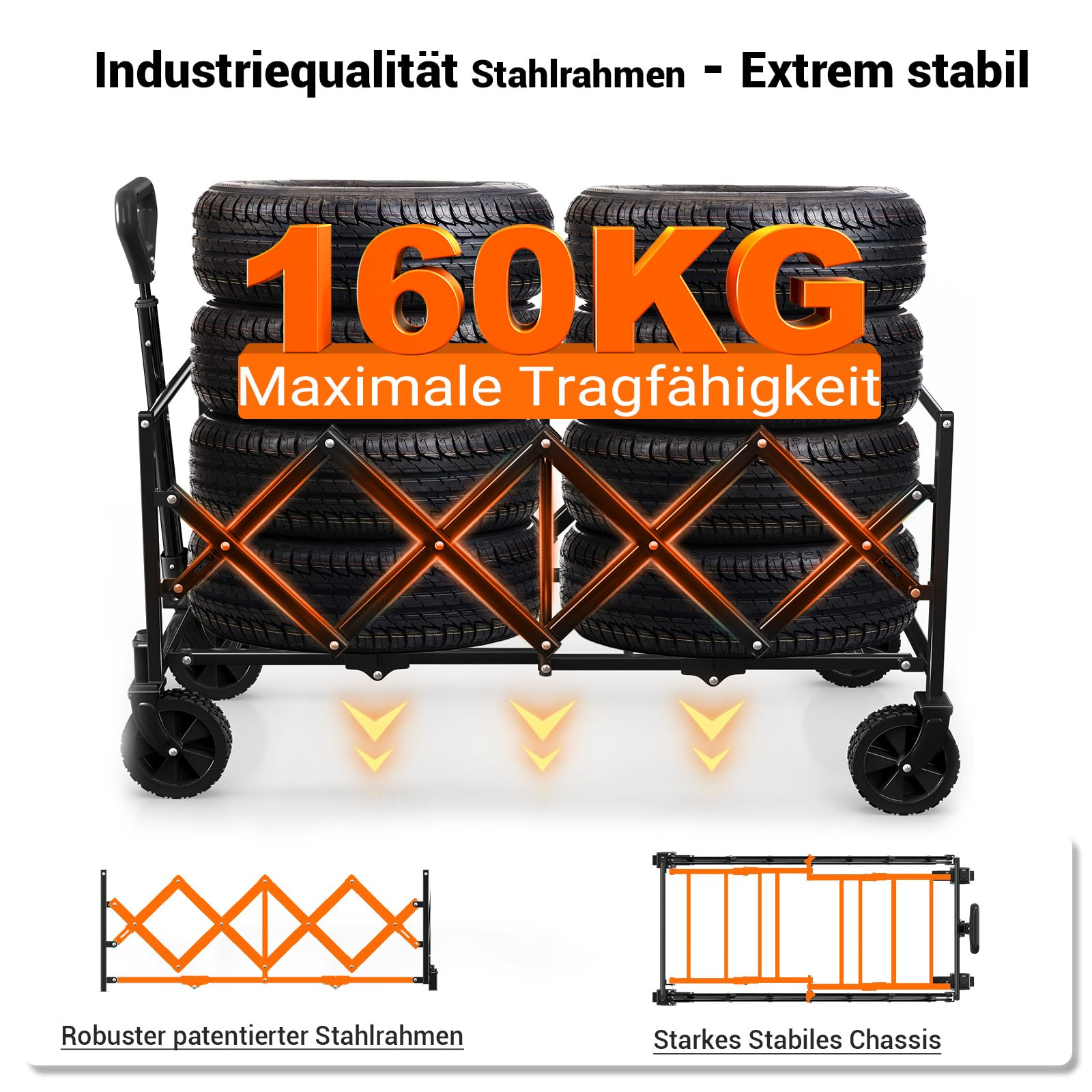 Un chariot pliable noir chargé de pneus, mettant en valeur une capacité de 160 kg et un cadre robuste.