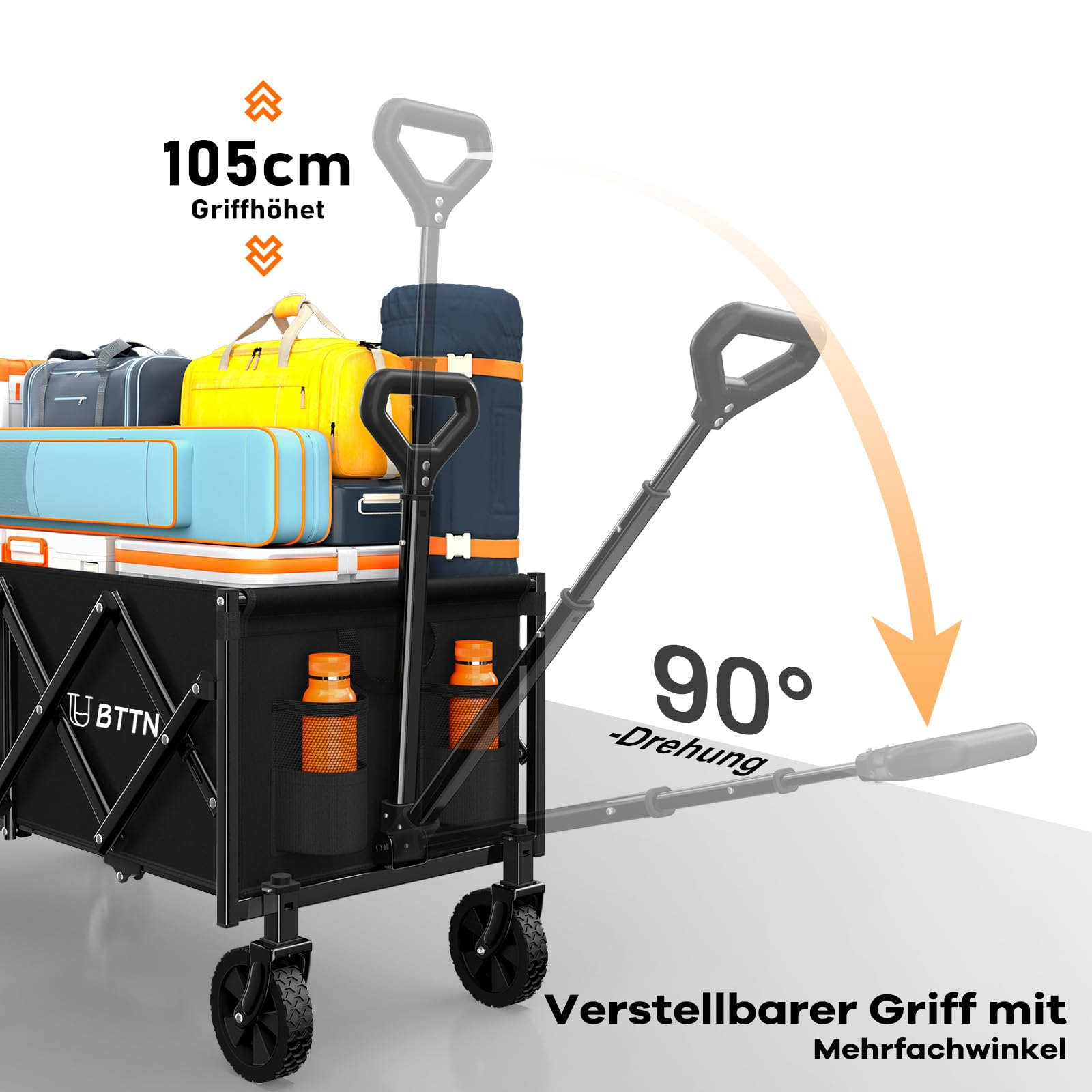 Un chariot utilitaire noir chargé de bagages, montrant sa hauteur de 105 cm et sa poignée réglable à 90 degrés.