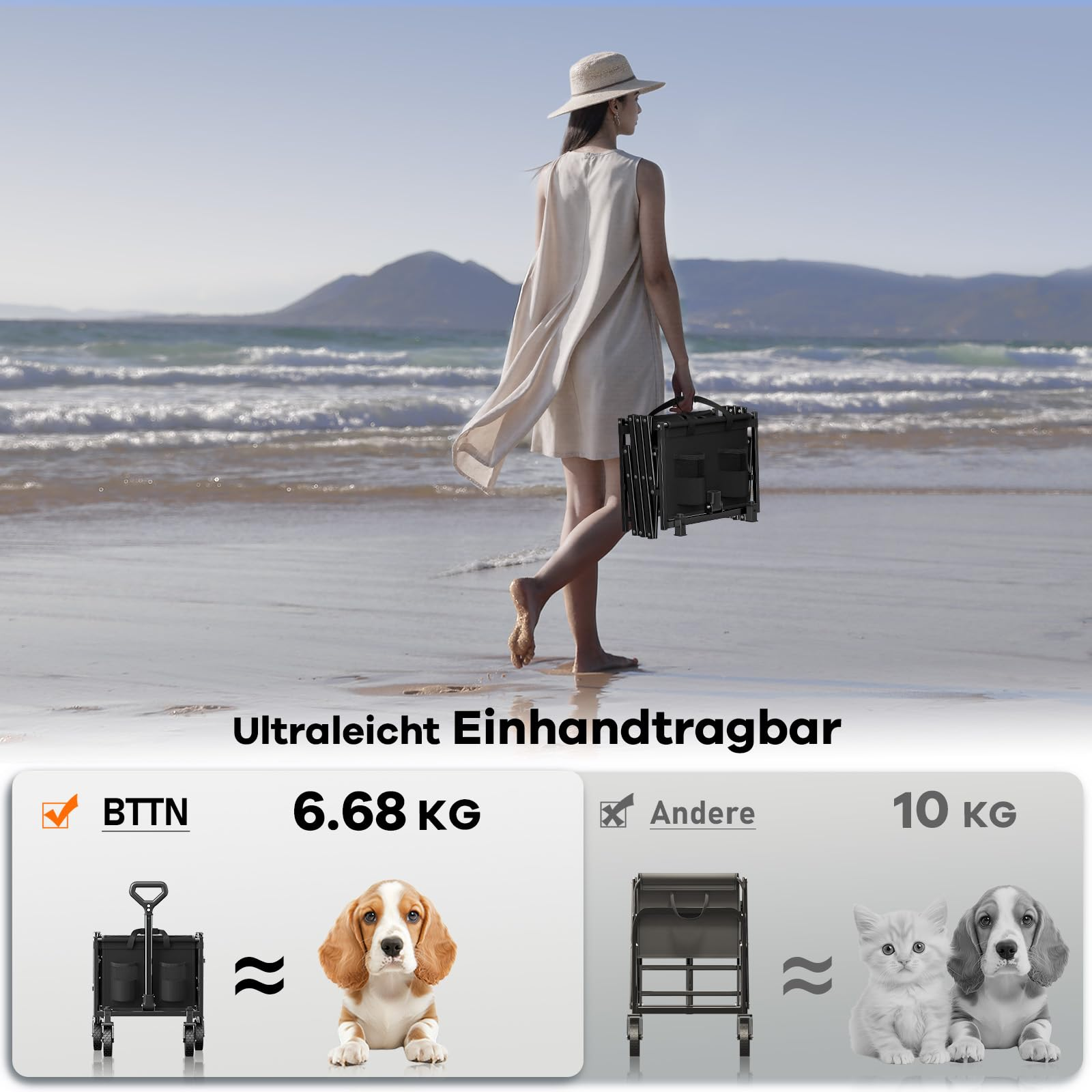 Une femme marche sur une plage avec un chariot pliant léger, comparé à des modèles lourds.