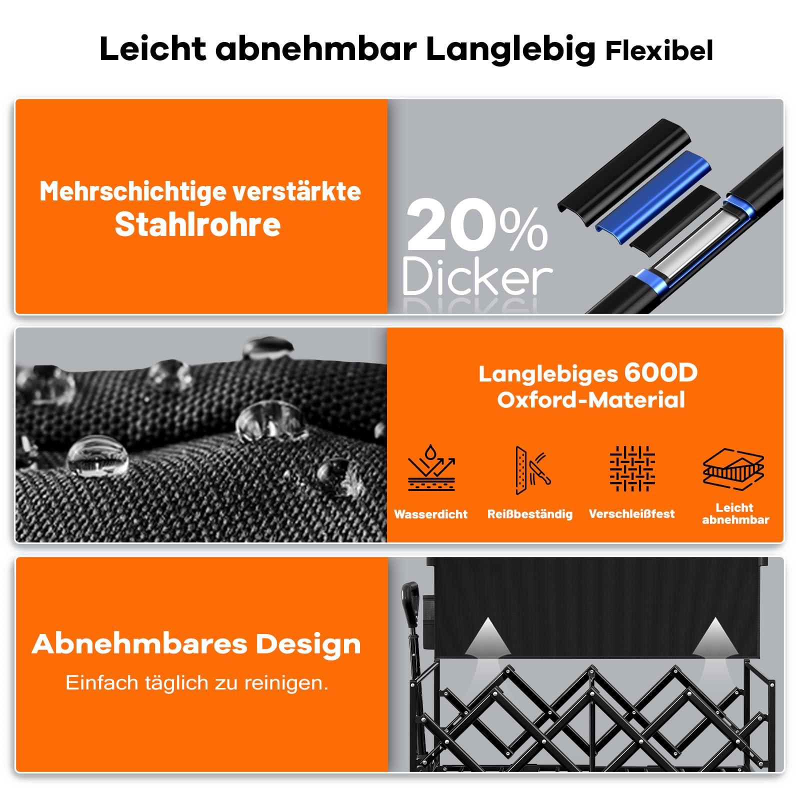 Caractéristiques du produit : tubes en acier renforcés, tissu Oxford 600D durable et design amovible.