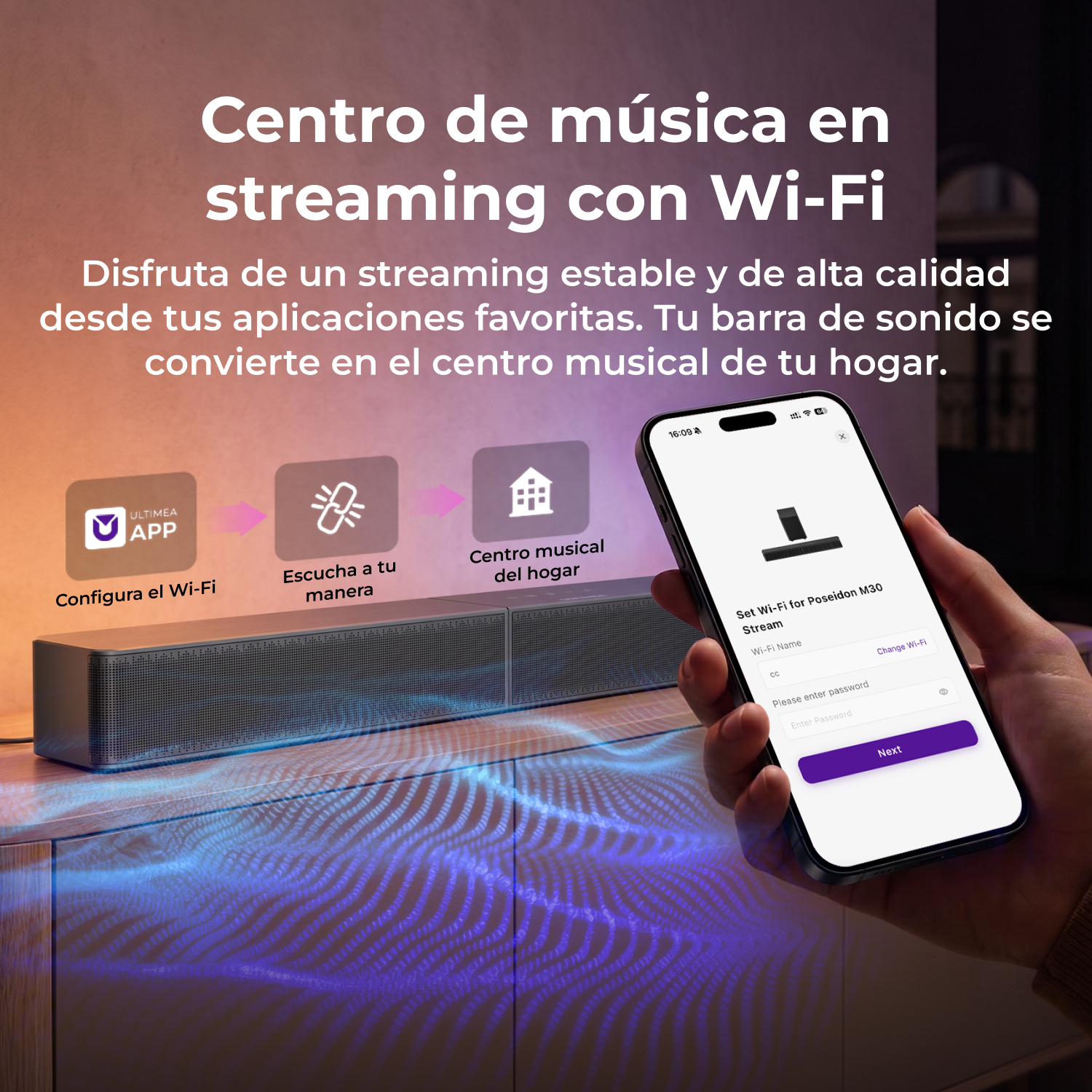 Un smartphone muestra la configuración de una barra de sonido junto a una real y texto en español.