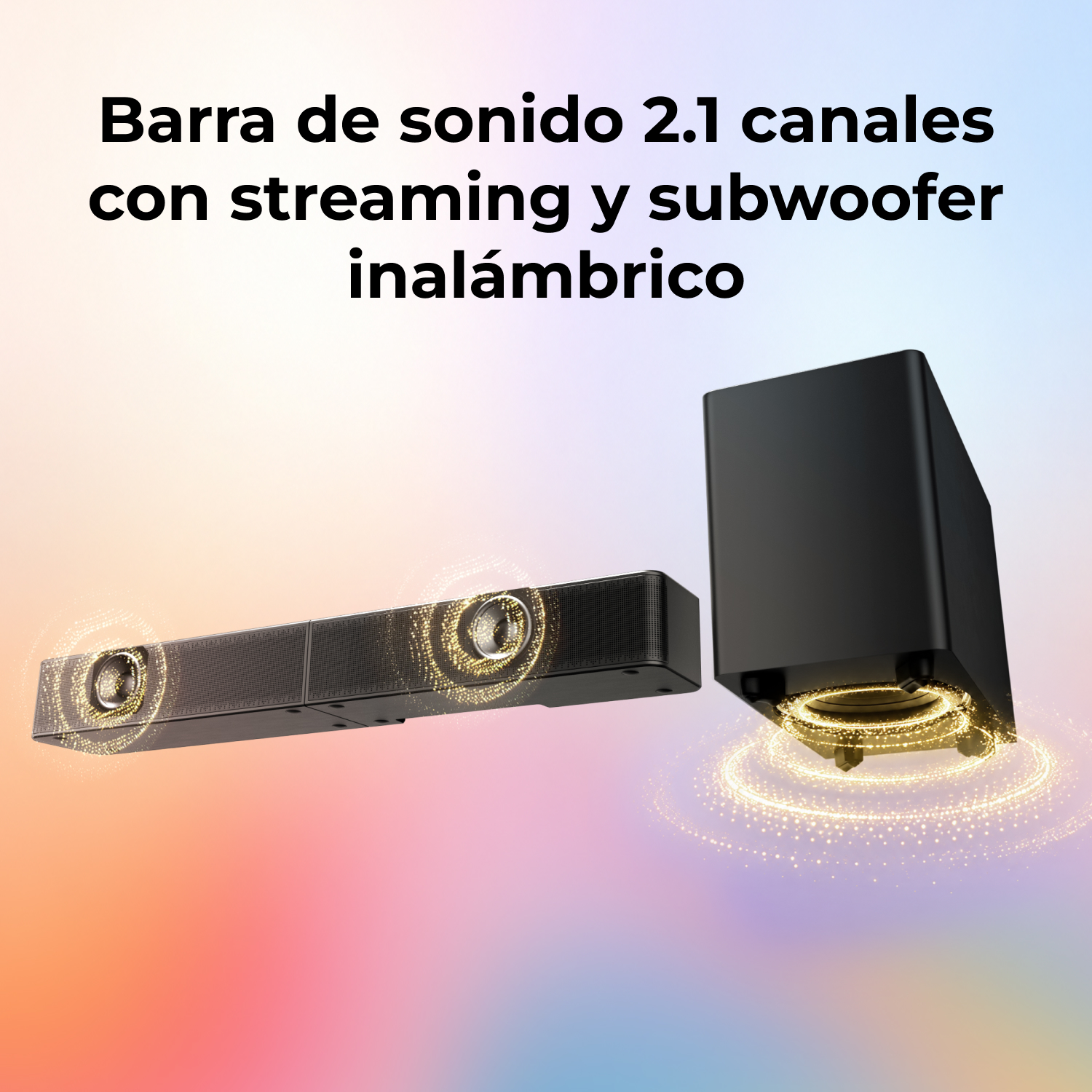 Barra de sonido de 2.1 canales con streaming y subwoofer inalámbrico sobre fondo pastel.