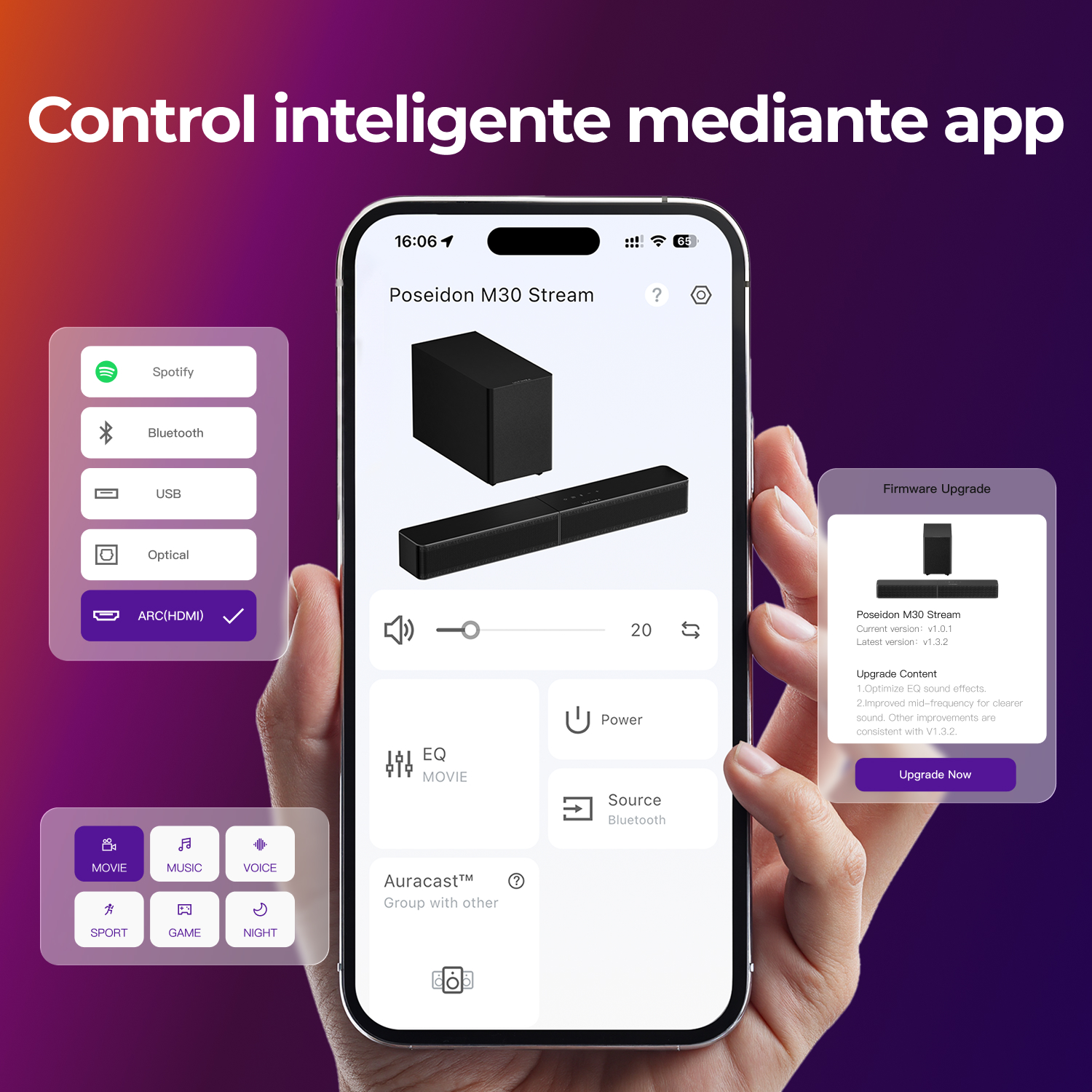 Una mano sostiene un smartphone con una aplicación de control de barra de sonido en la pantalla.